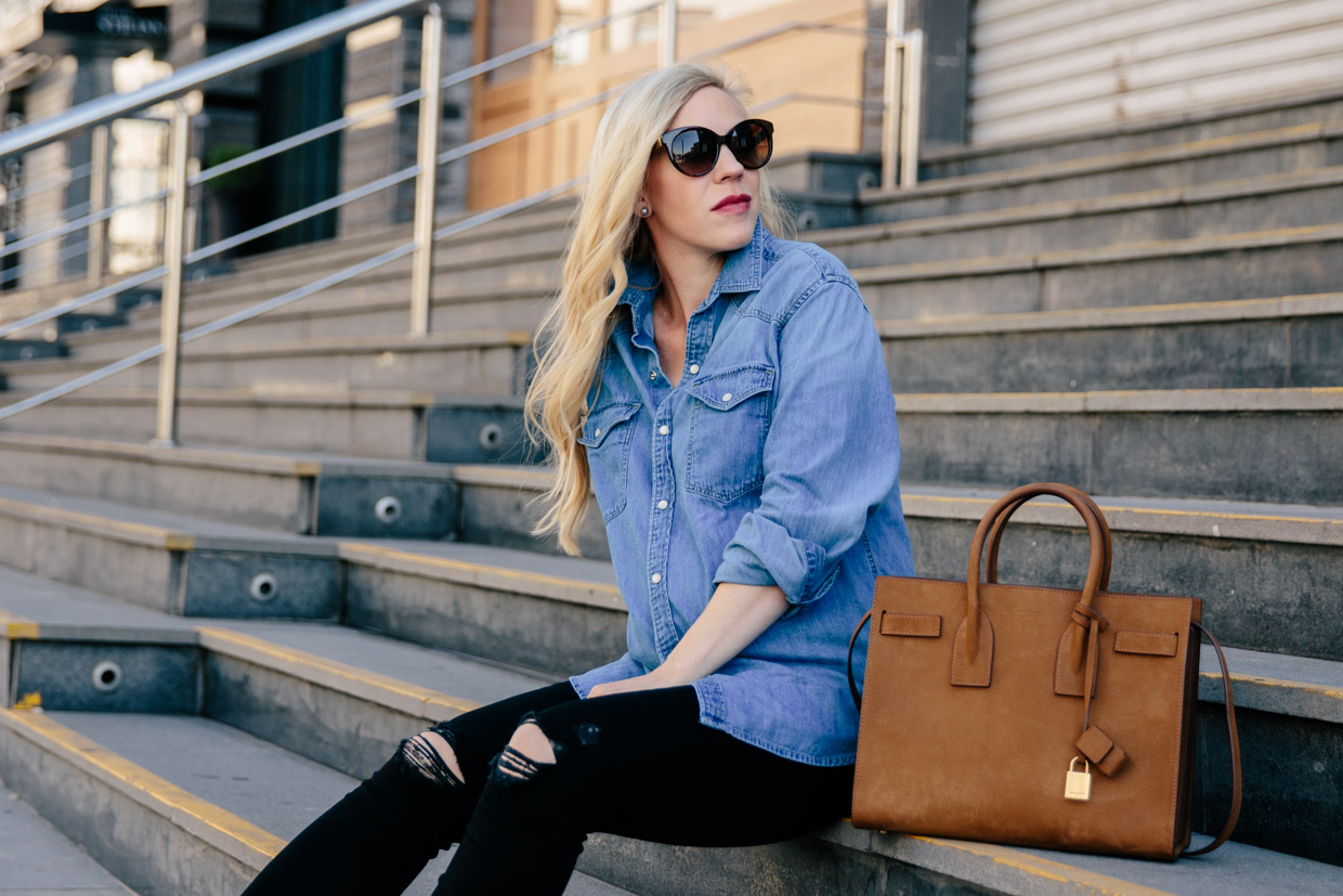 Black ripped denim best sale shirt