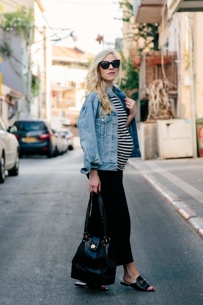 Comfy & Stylish Maternity Outfit: Denim Jacket, Striped Tee & Cropped ...