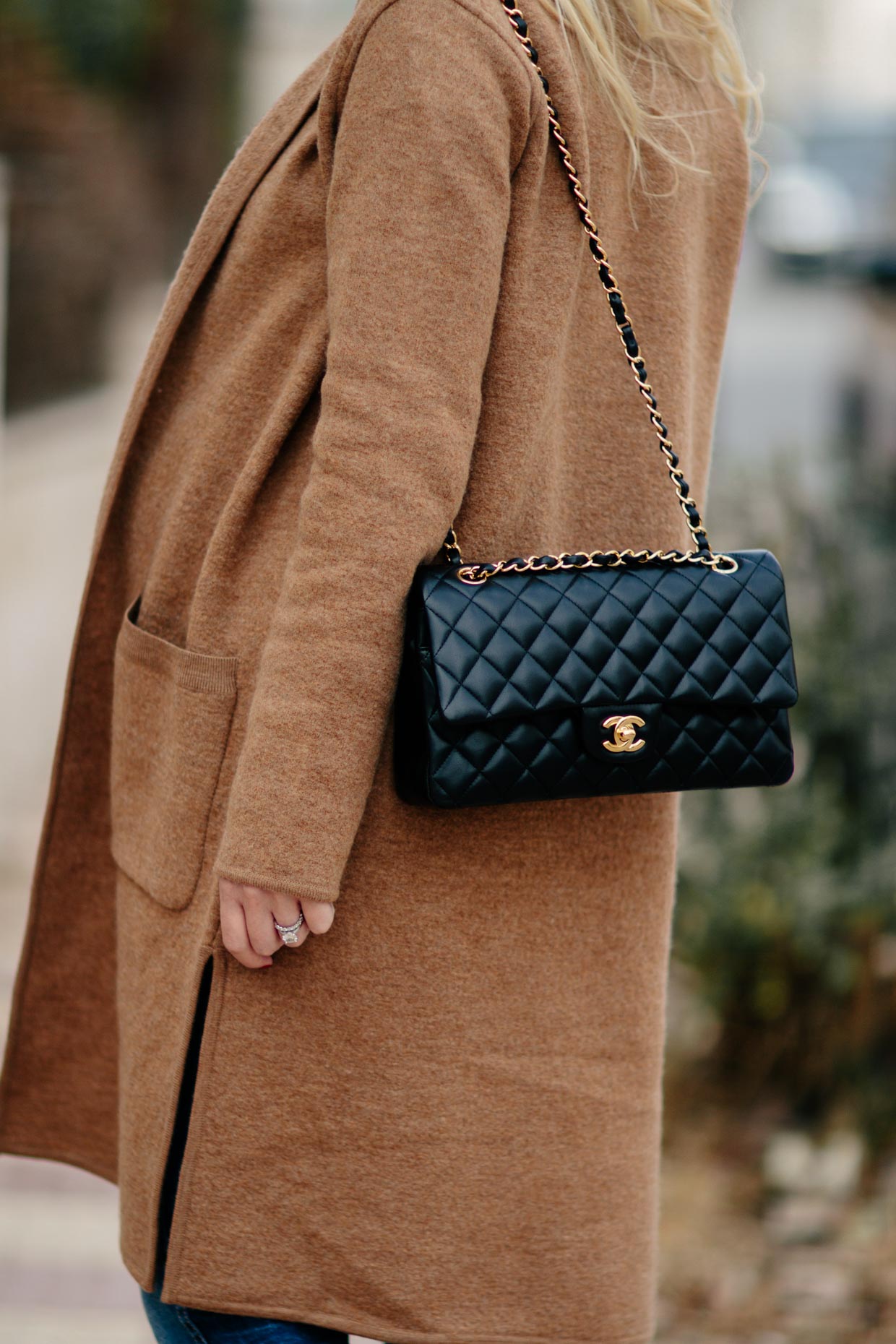 Madewell Camden camel sweater coat with Chanel classic flap bag