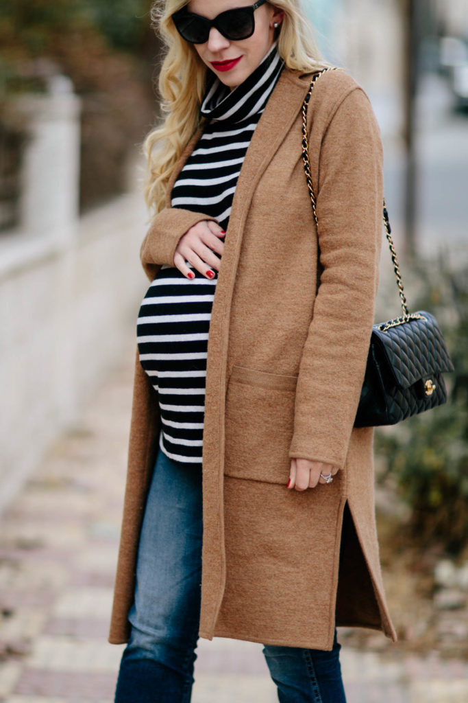 Camel Sweater Coat & Striped Turtleneck with Straight Leg Jeans ...