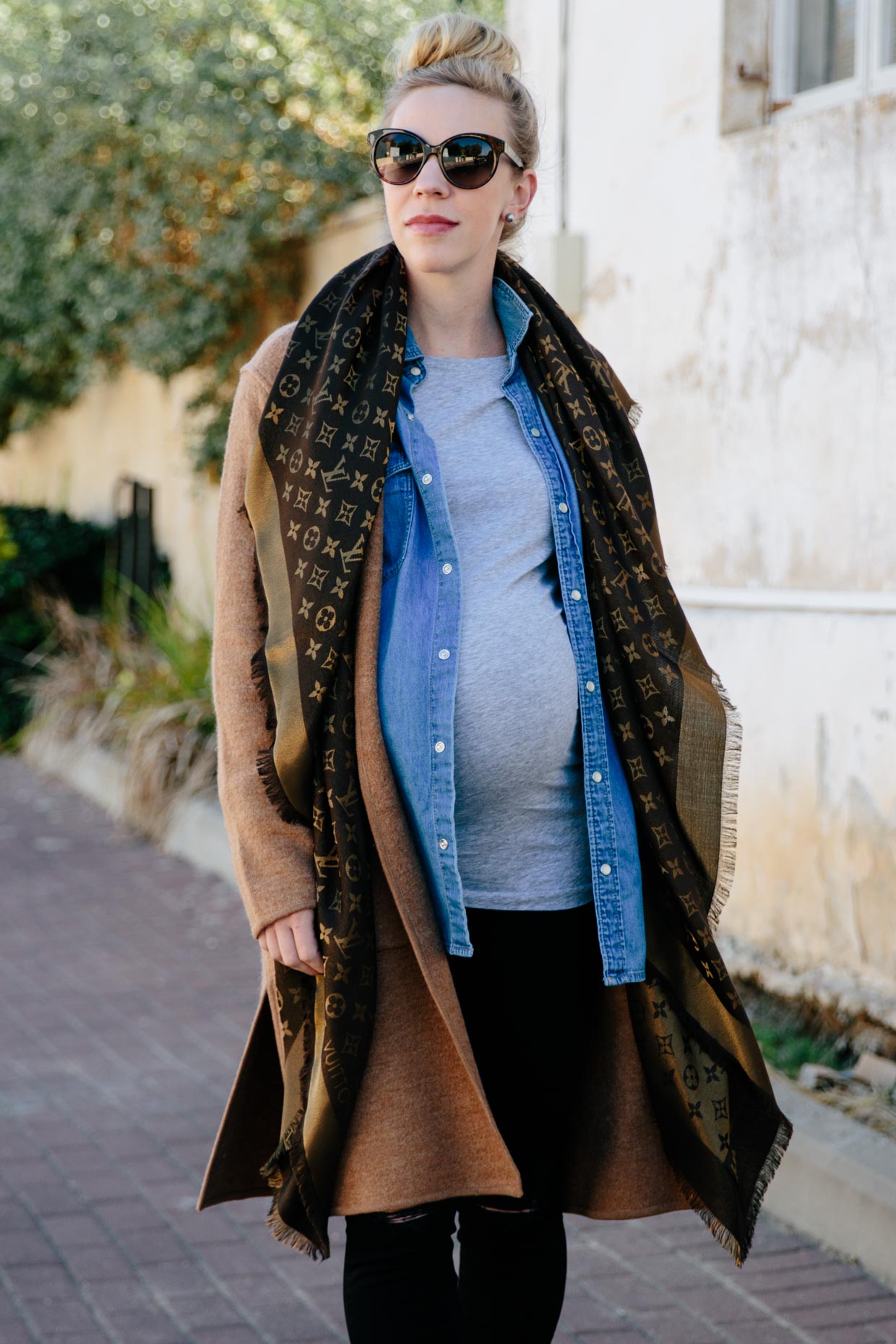 Meagan Brandon fashion blogger of Meagan's Moda wears Madewell camel  sweater coat over denim shirt and Louis Vuitton brown monogram scarf for  layered fall look - Meagan's Moda