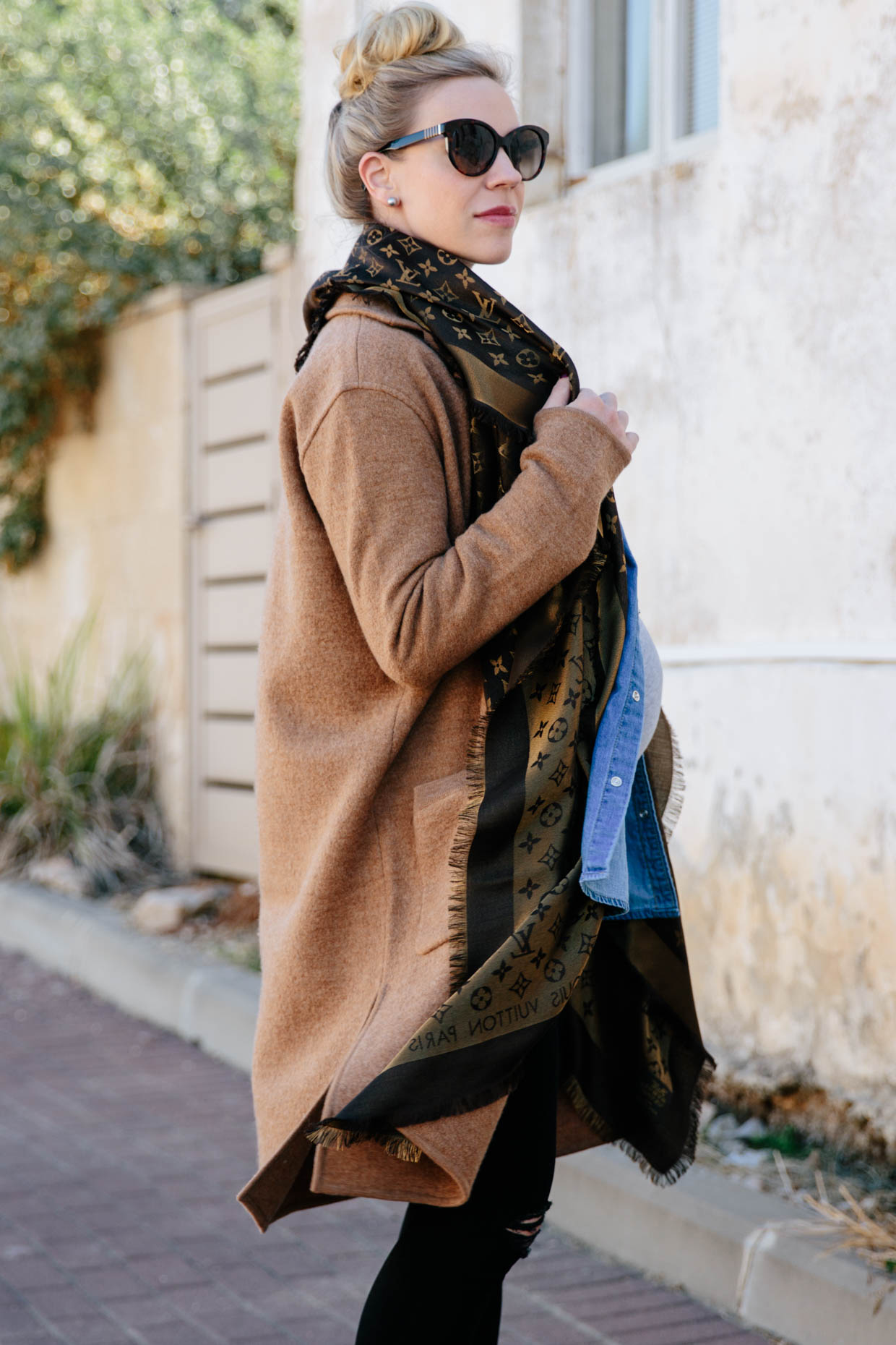 Meagan Brandon fashion blogger of Meagan's Moda wears Madewell camel  sweater coat over denim shirt and Louis Vuitton brown monogram scarf for  layered fall look - Meagan's Moda