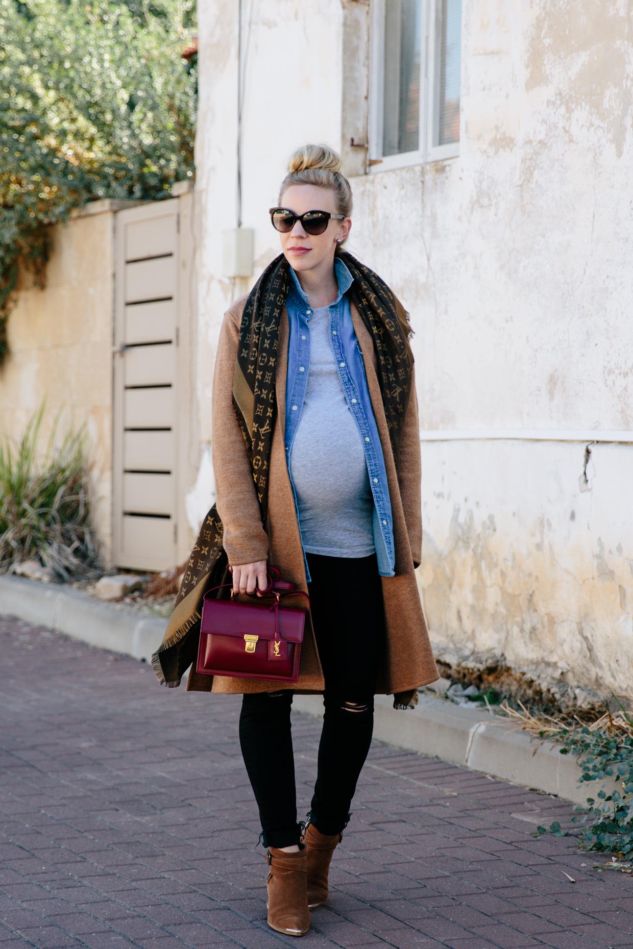 Meagan Brandon fashion blogger of Meagan's Moda wears Madewell camel  sweater coat over denim shirt and Louis Vuitton brown monogram scarf for  layered fall look - Meagan's Moda