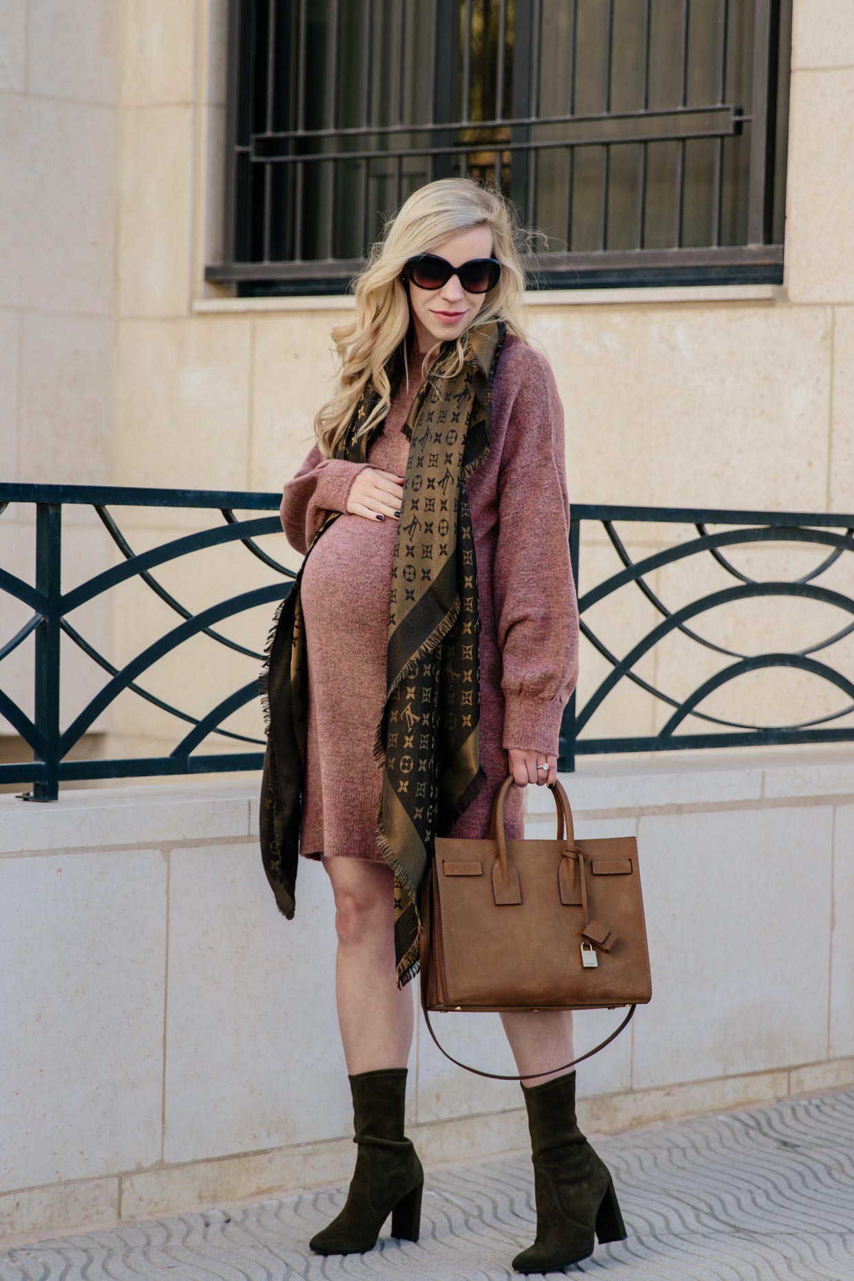 fashion-blogger-wearing-fur-pom-hat-beanie-and-louis-vuitton-monogram-scarf-with-oversized-sweater  - Meagan's Moda