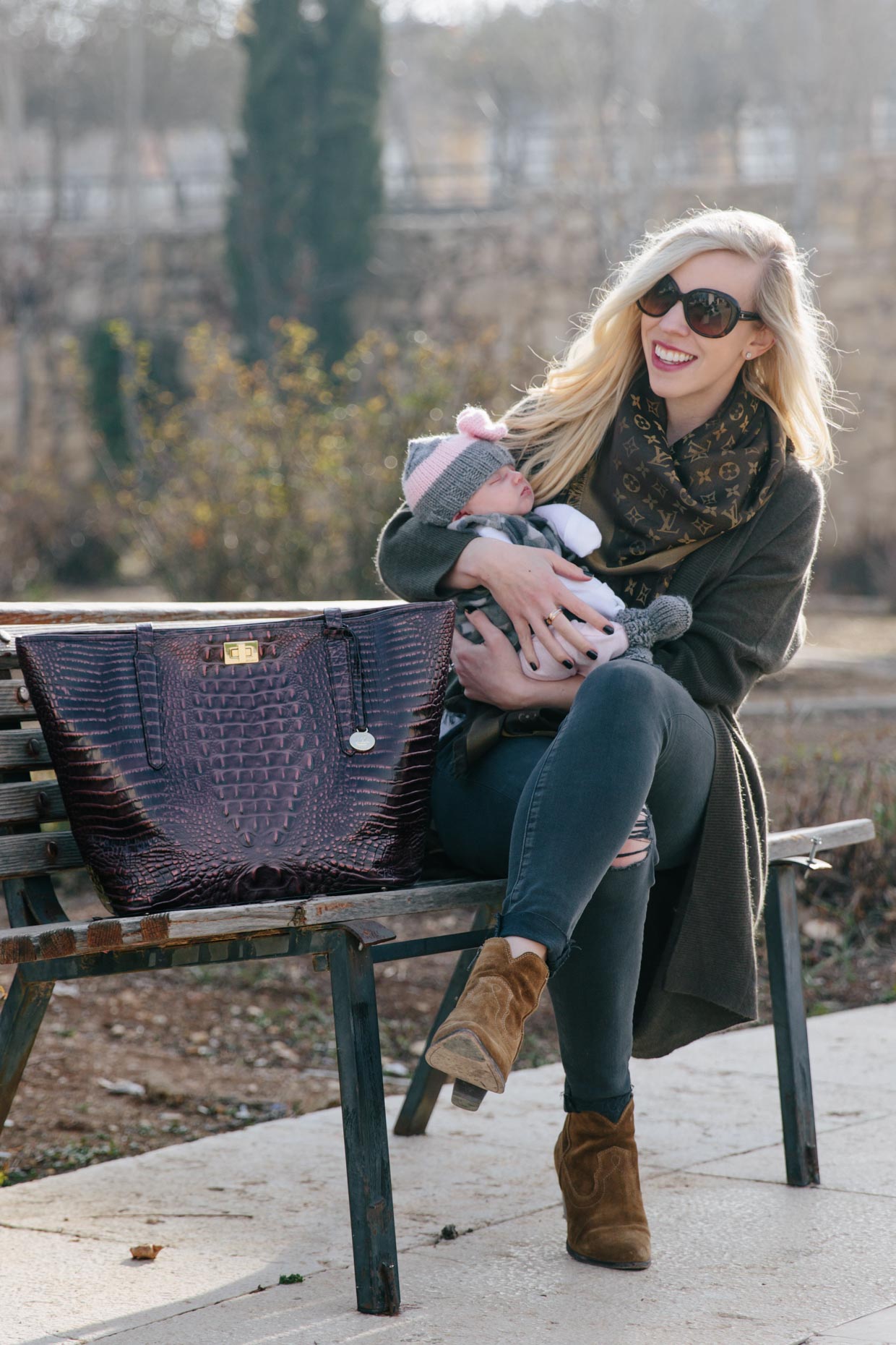 Meagan Brandon fashion blogger of Meagan's Moda shares casual outfit idea  for new mom with long cardigan, Louis Vuitton scarf and suede booties,  Brahmin Annika tote - Meagan's Moda