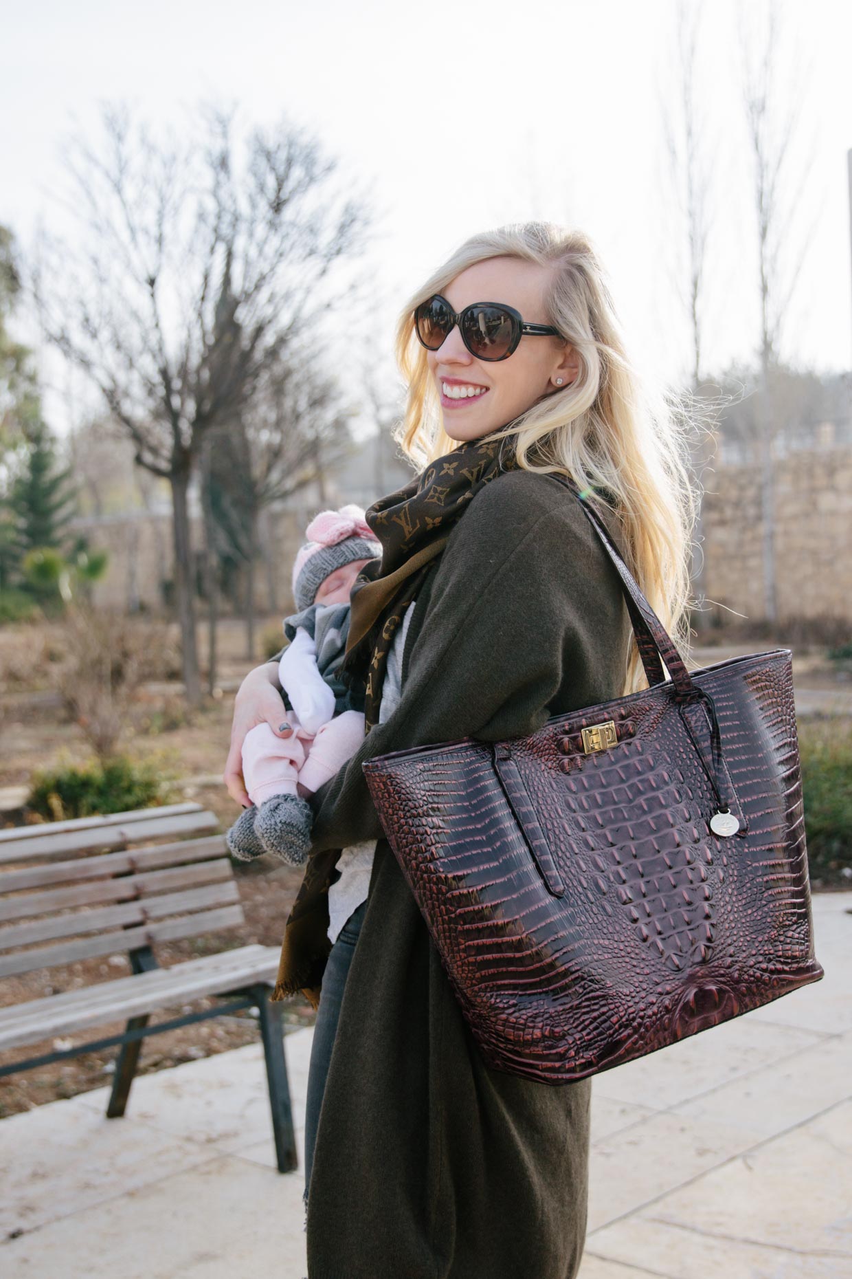 Meagan Brandon fashion blogger of Meagan's Moda shares chic and casual  outfit idea for new mom wearing long cardigan with Louis Vuitton scarf and  Brahmin diaper bag - Meagan's Moda