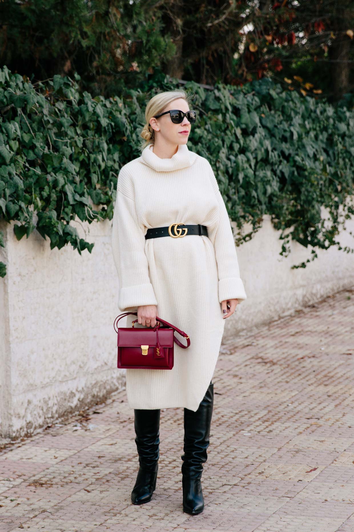 Meagan Brandon fashion blogger wears oversized sweater dress with Gucci  Marmont belt and Stuart Weitzman Scrunchy knee boots, how to wear an  oversized sweater dress - Meagan's Moda