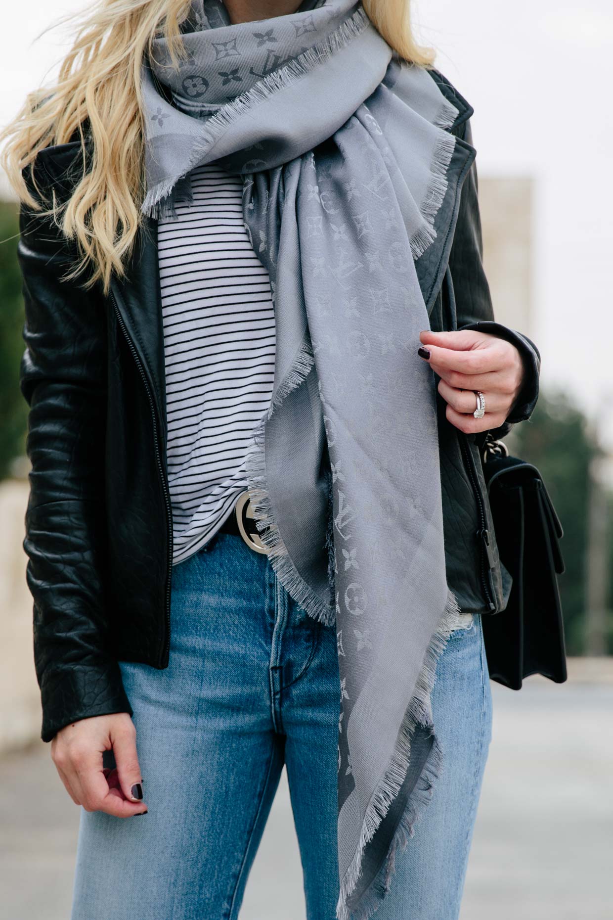 Chic outfit idea with gray Louis Vuitton monogram shine shawl scarf -  Meagan's Moda