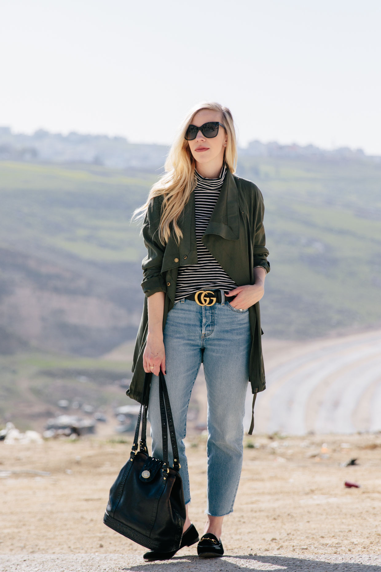 J'Adorable: Striped tee, Faux leather skirt & Leopard clutch