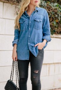 Outfit idea with denim shirt and black distressed jeans