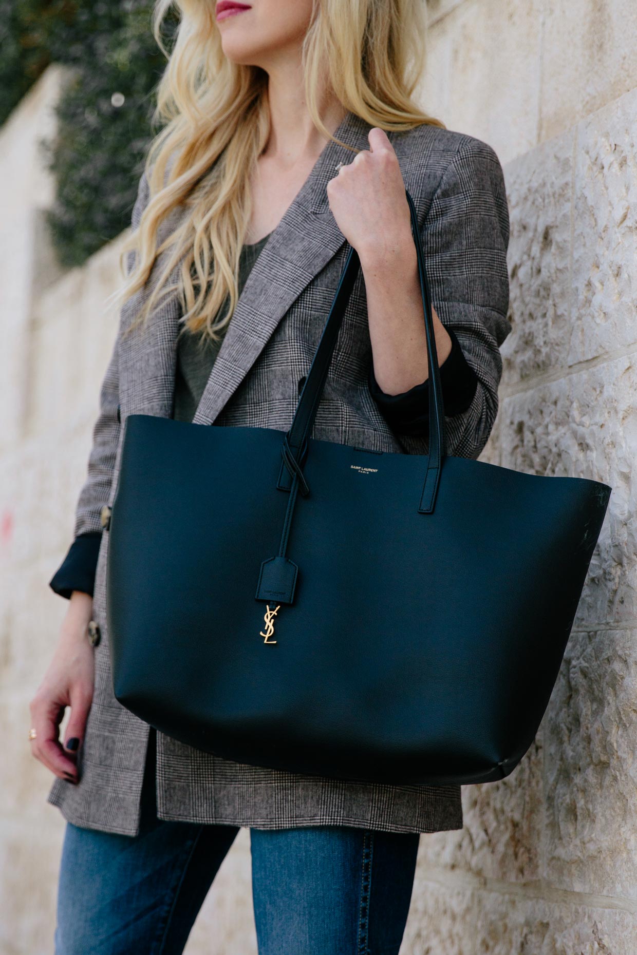 Saint Laurent Shopping black leather tote outfit idea - Meagan's Moda