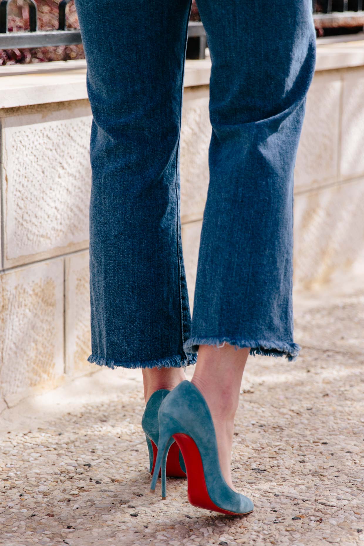 Christian Louboutin blue suede Pigalle pumps outfit idea -