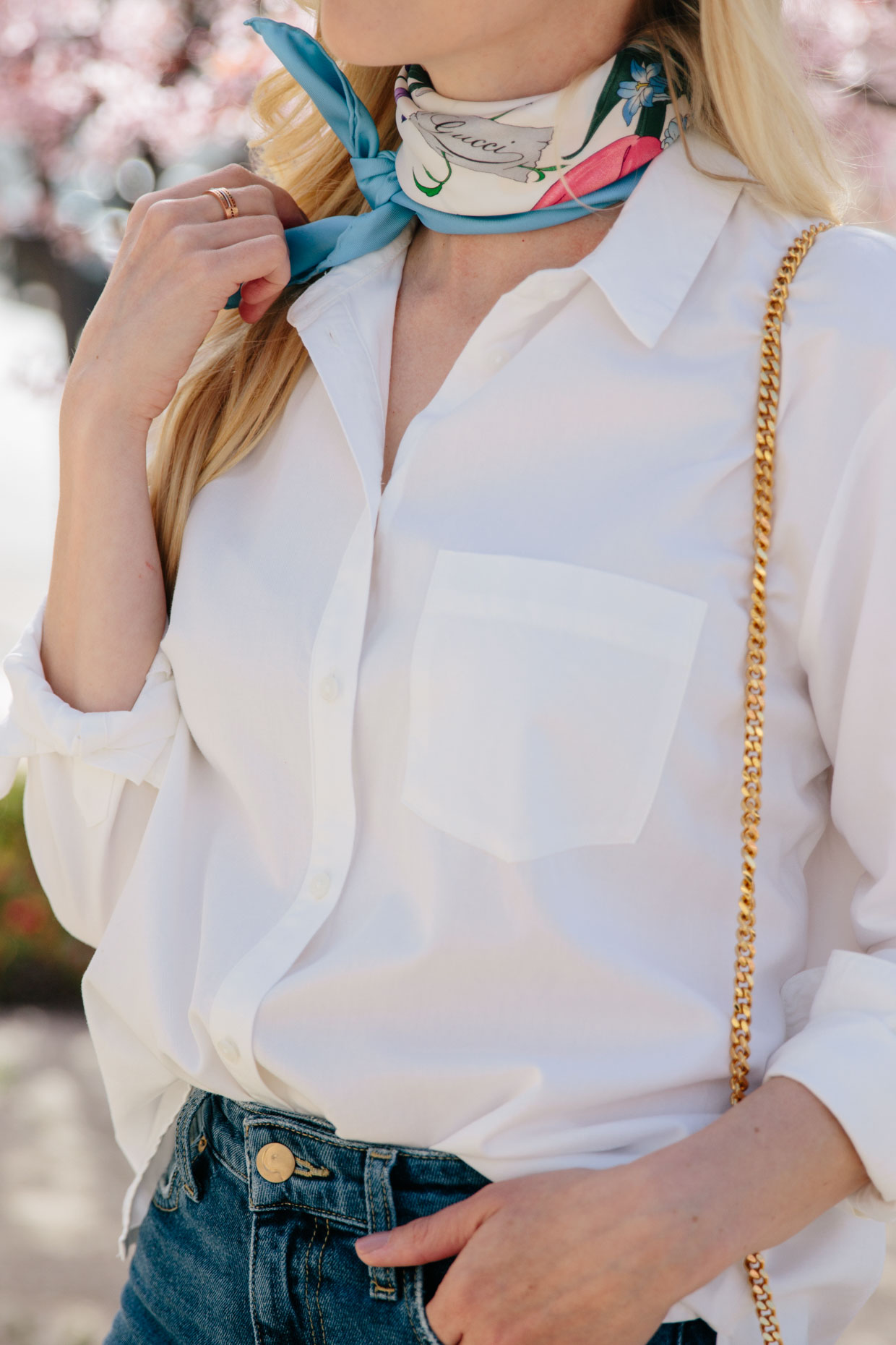 Gucci floral print silk scarf, how to tie silk scarf, Chanel oversized  tortoiseshell sunglasses, Louis Vuitton st. germain shoulder bag dune  leather, Italian fashion blogger - Meagan's Moda