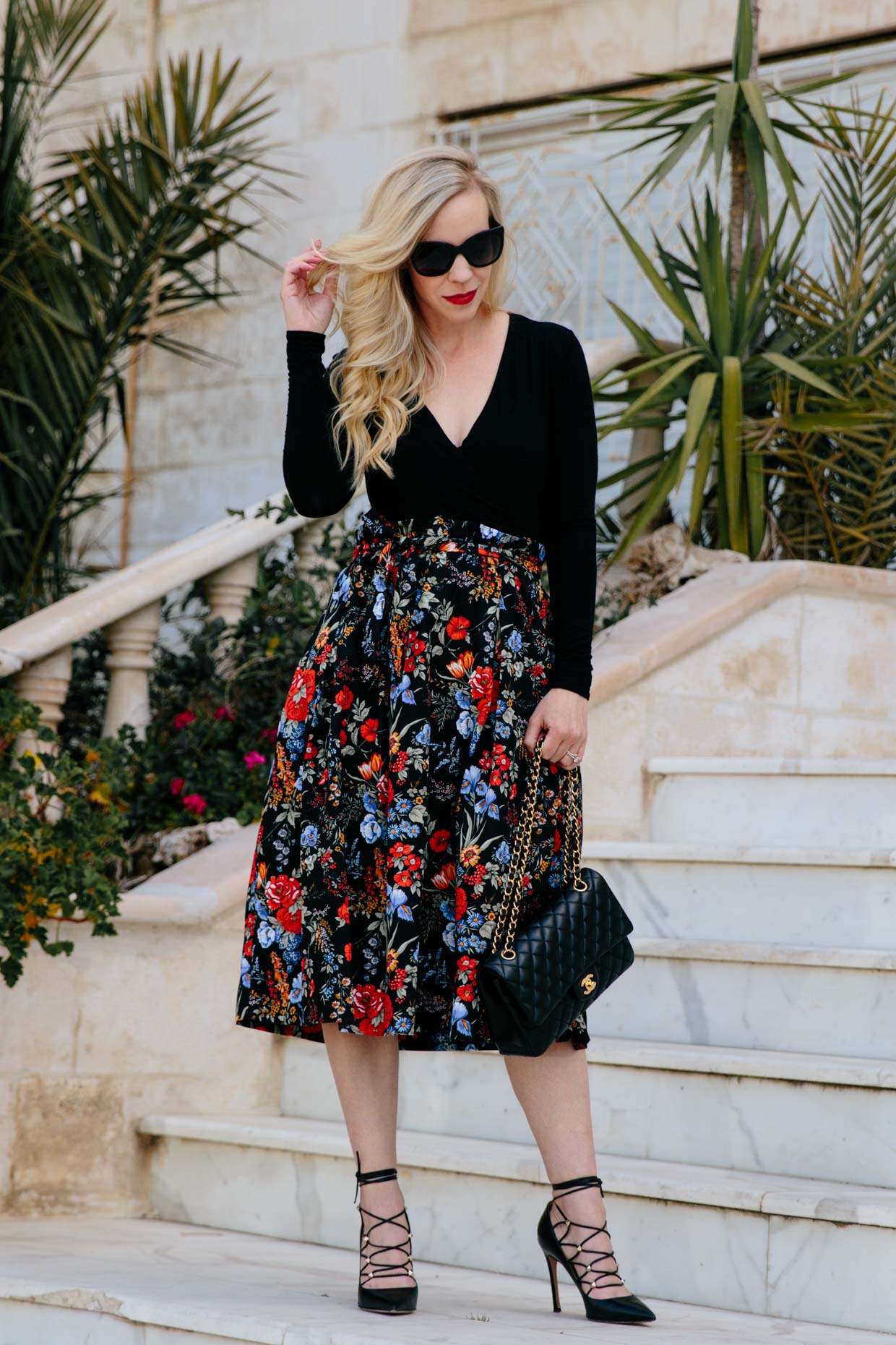 dress with black top and floral skirt Floral Lace Knee Length Midi Party Dress Top and Skirt Set Black Medium