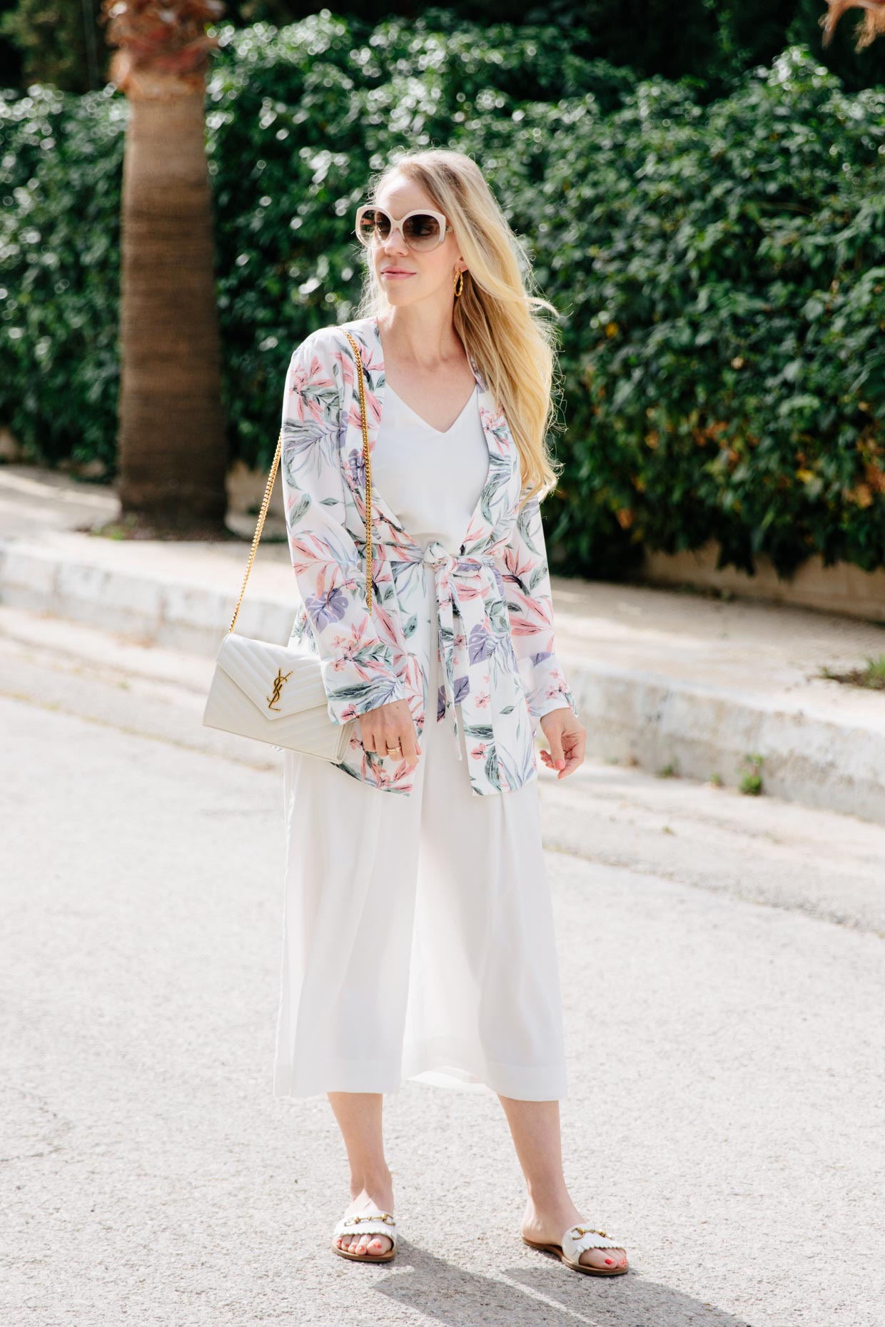 Meagan Brandon fashion blogger of Meagan's Moda wears H&M tropical print kimono jacket with white culottes and Gucci slide - Meagan's Moda