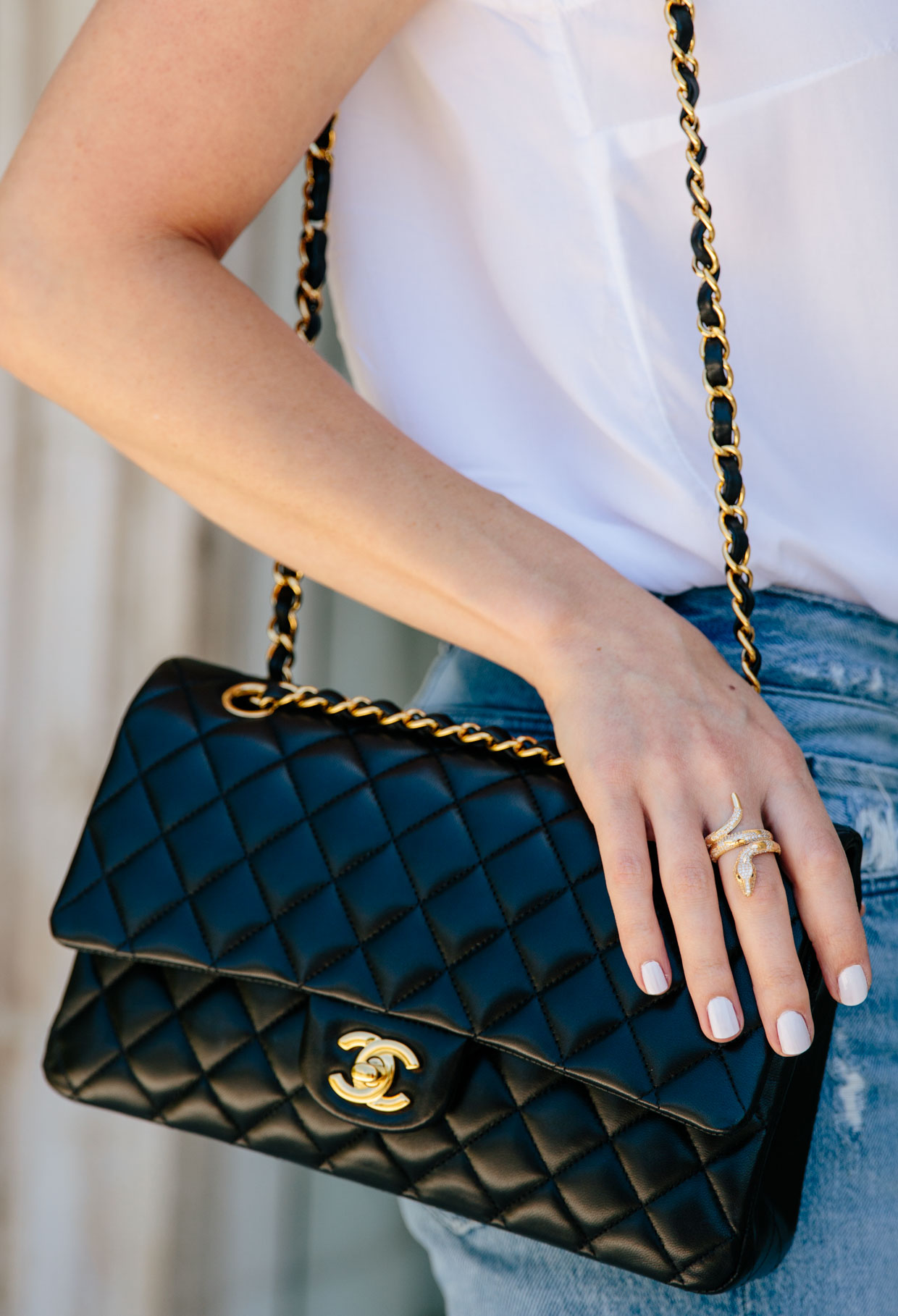 Chanel medium classic flap bag black lambskin with gold hardware, gold  snake ring jewelry - Meagan's Moda