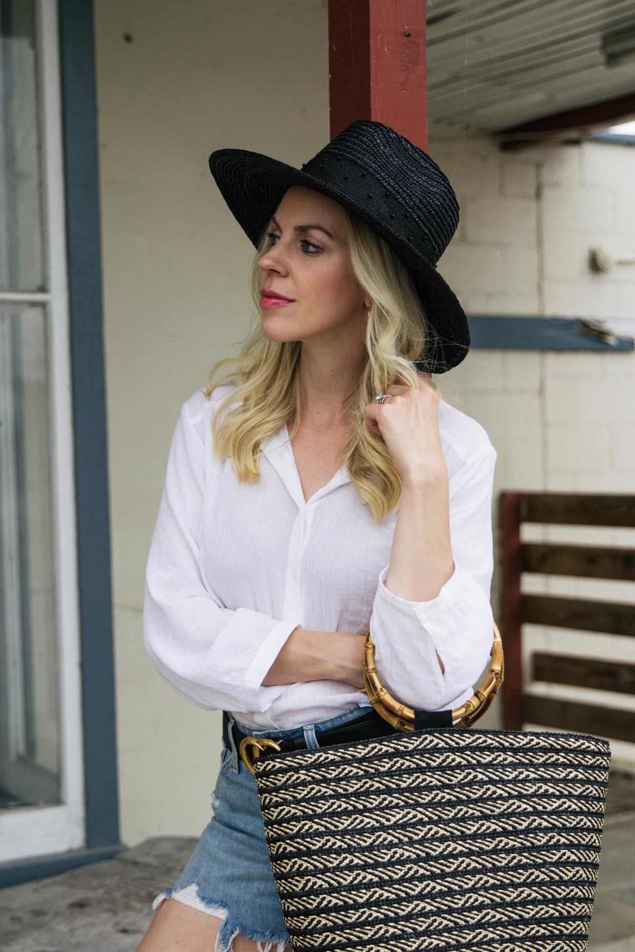 Chic summer outfit idea with Brixton Macy fedora hat and bamboo handle  straw tote - Meagan's Moda