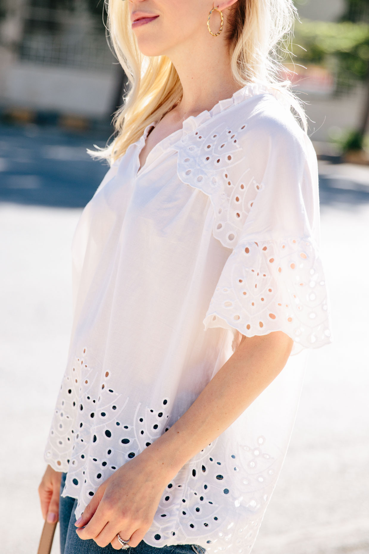 Cute white eyelet blouse for summer with Chanel sunglasses and