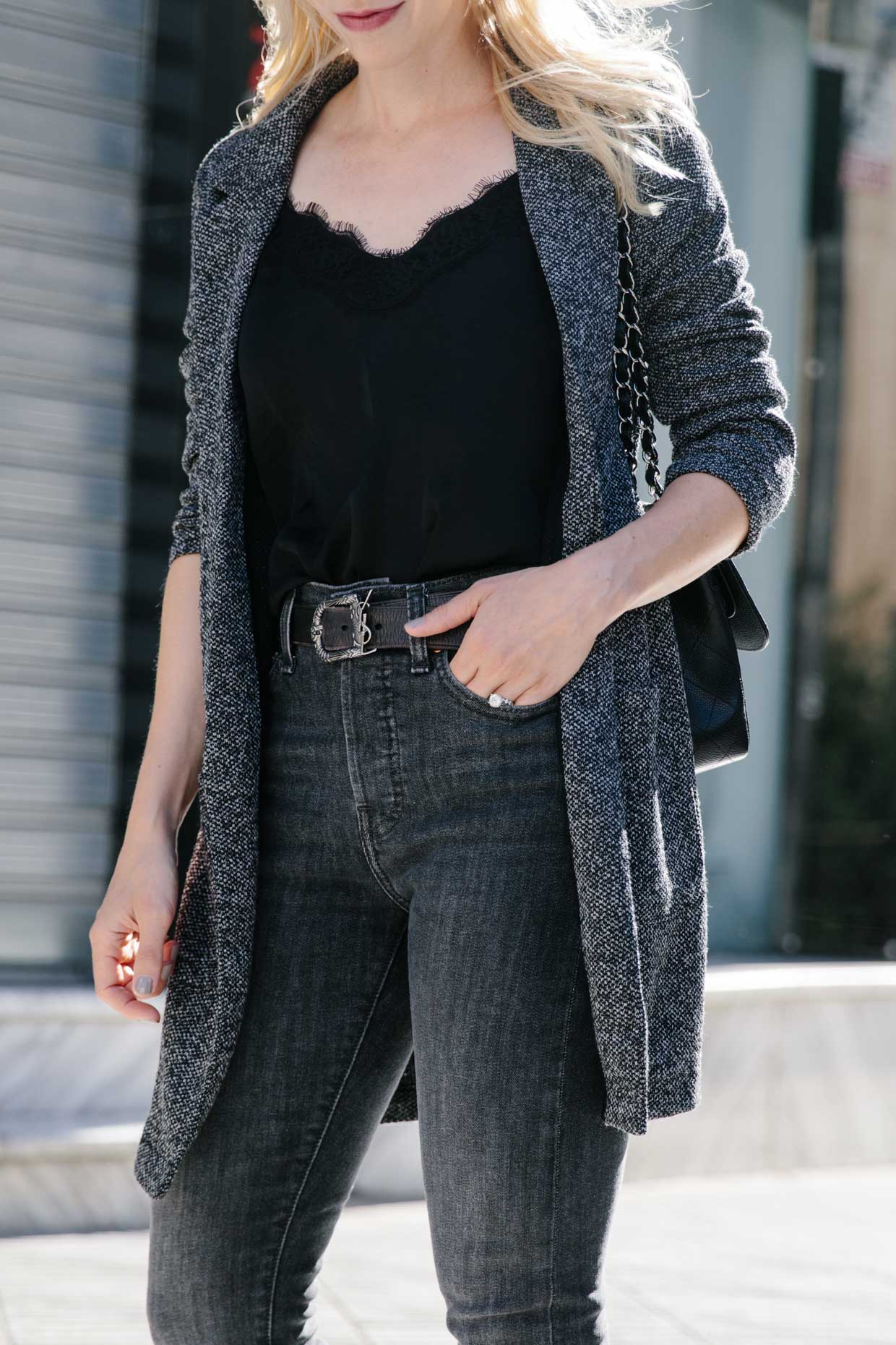 Chic fall outfit idea with long black blazer, lace camisole, black