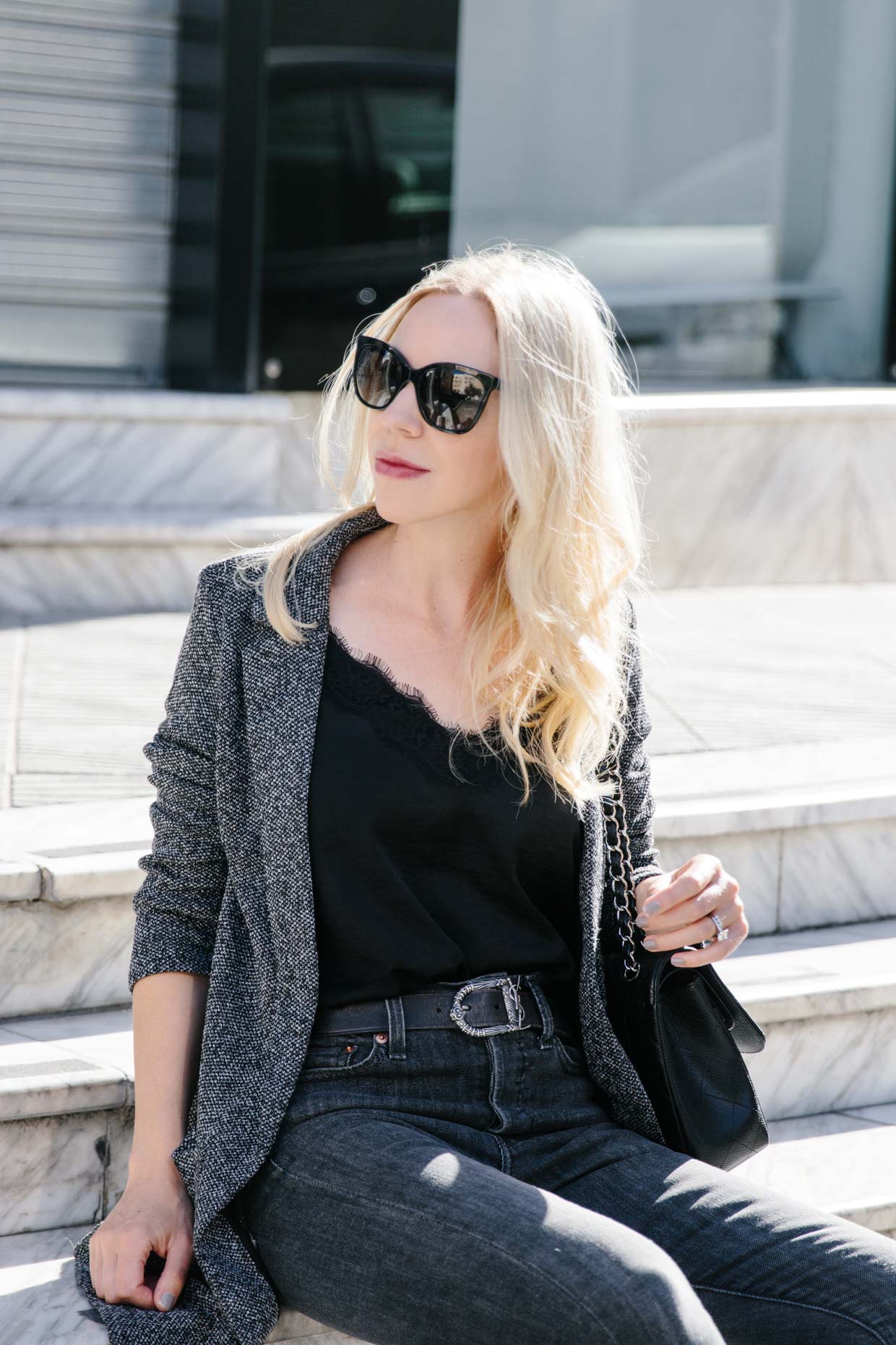 Fall outfit idea with long blazer, black lace camisole and Saint