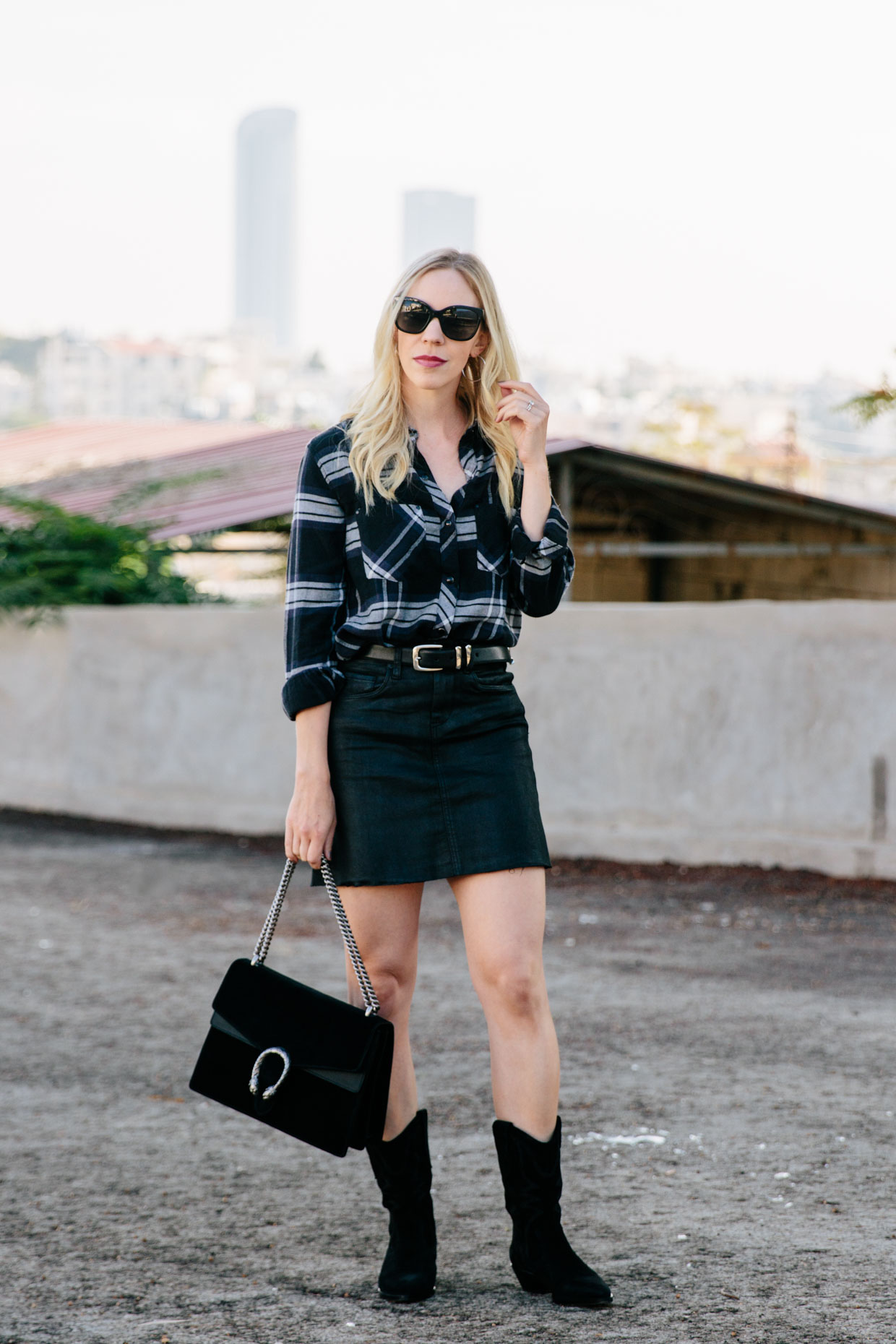 Meagan Brandon fashion blogger of Meagan's Moda wears H&M rust brown silk  shirt with leopard print pleated skirt, brown suede booties and Louis  Vuitton Dauphine bag for chic fall outfit - Meagan's