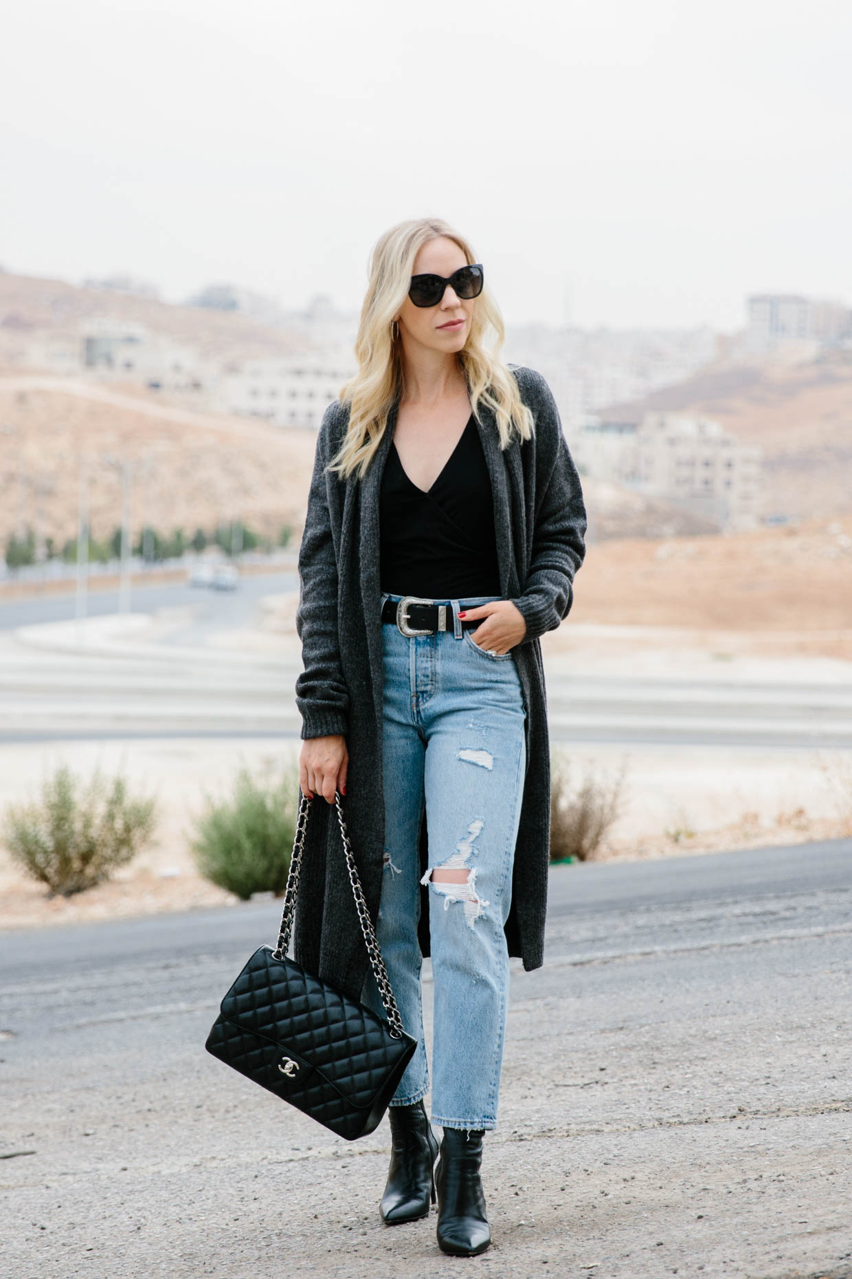 Meagan Brandon fashion blogger of Meagan's Moda wears brown monogram Louis  Vuitton scarf with gray jeans and Frye suede booties, best casual outfit  idea for new moms - Meagan's Moda