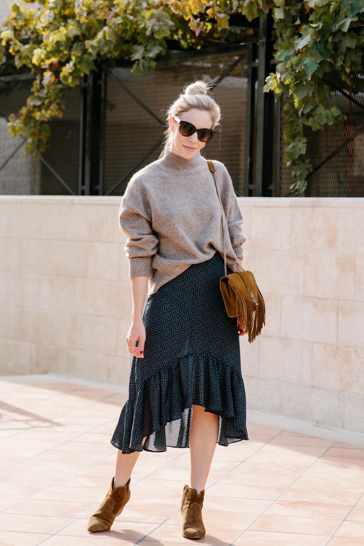 Chic layered fall outfit idea with camel sweater, black denim skirt and  Louis Vuitton brown monogram shine shawl scarf - Meagan's Moda