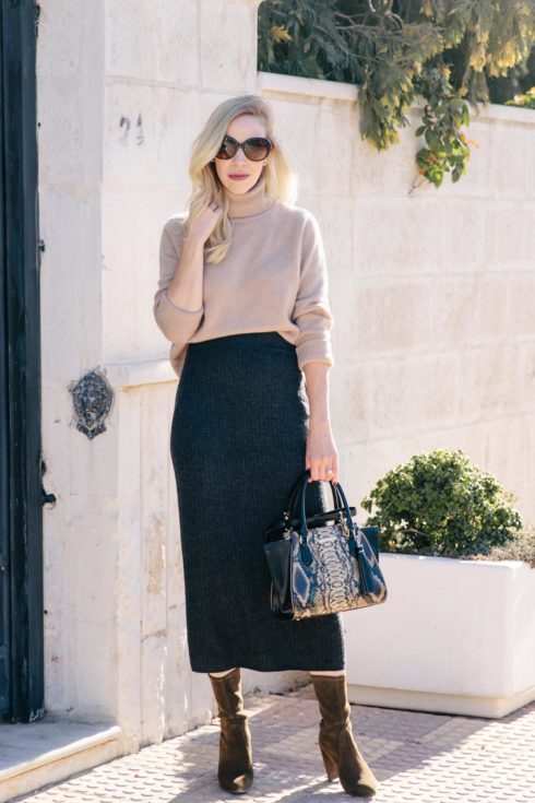 How to Wear Double Knits: Slouchy Turtleneck with Sweater Skirt ...