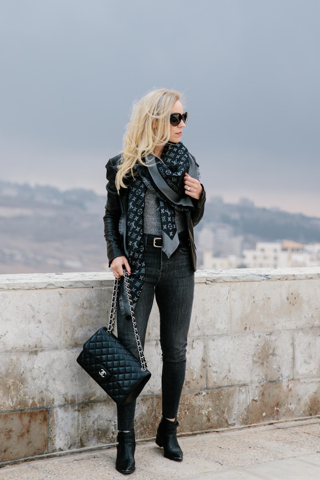 Leather Jacket & Louis Vuitton Scarf - Meagan's Moda