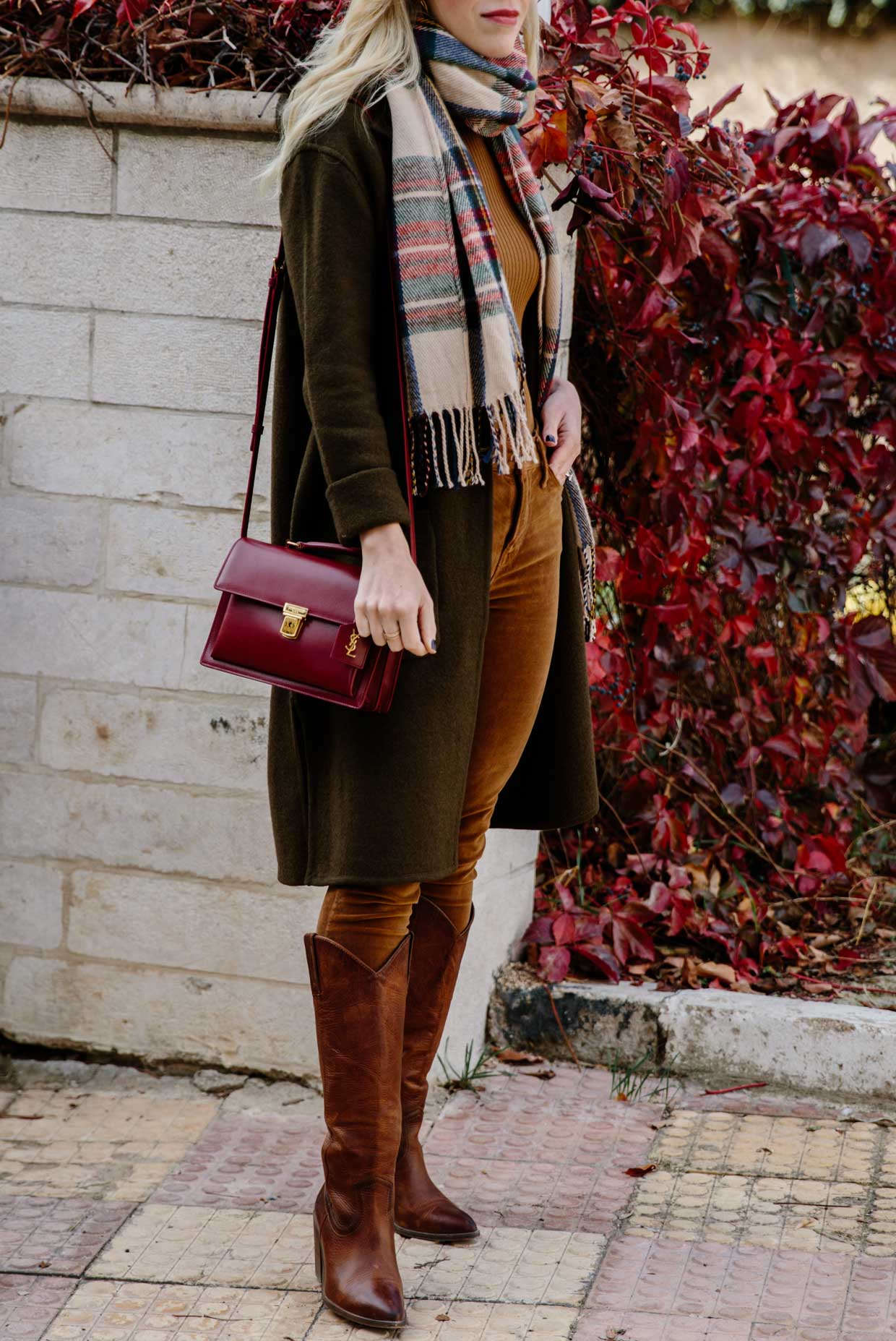 Meagan Brandon fashion blogger of Meagan's Moda wears Madewell camel  sweater coat over denim shirt and Louis Vuitton brown monogram scarf for  layered fall look - Meagan's Moda