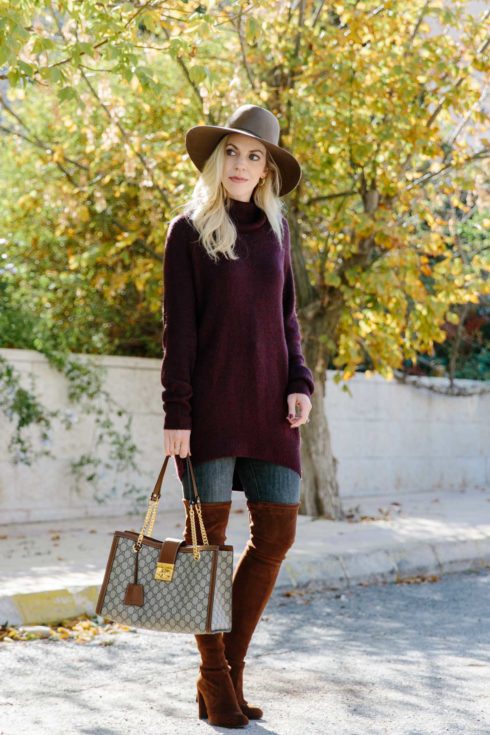 Autumn Color Palette: Burgundy Turtleneck, Gray Denim & Brown Boots ...