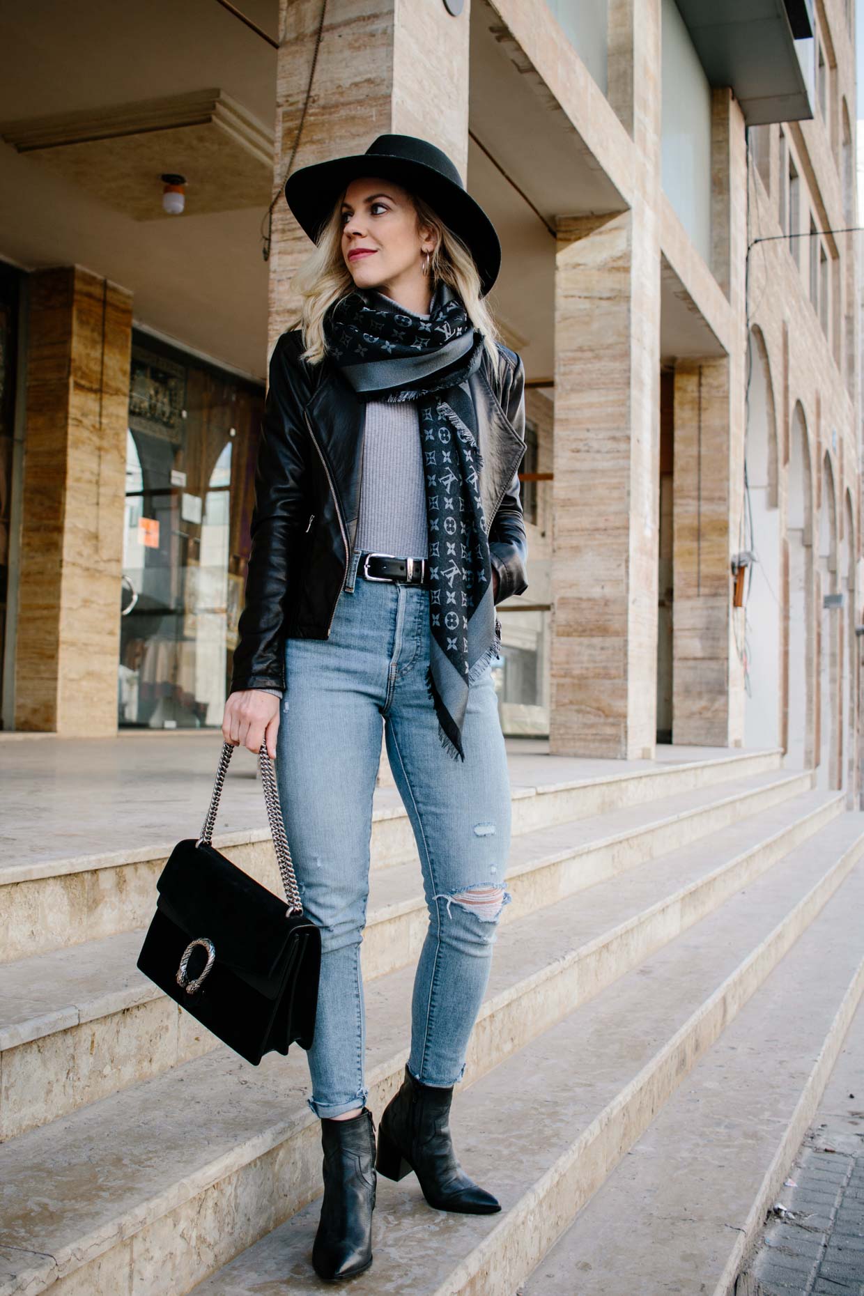 Meagan Brandon fashion blogger wearing gray Louis Vuitton scarf, Gucci  monogram belt and 7 for all mankind boyfriend jeans - Meagan's Moda