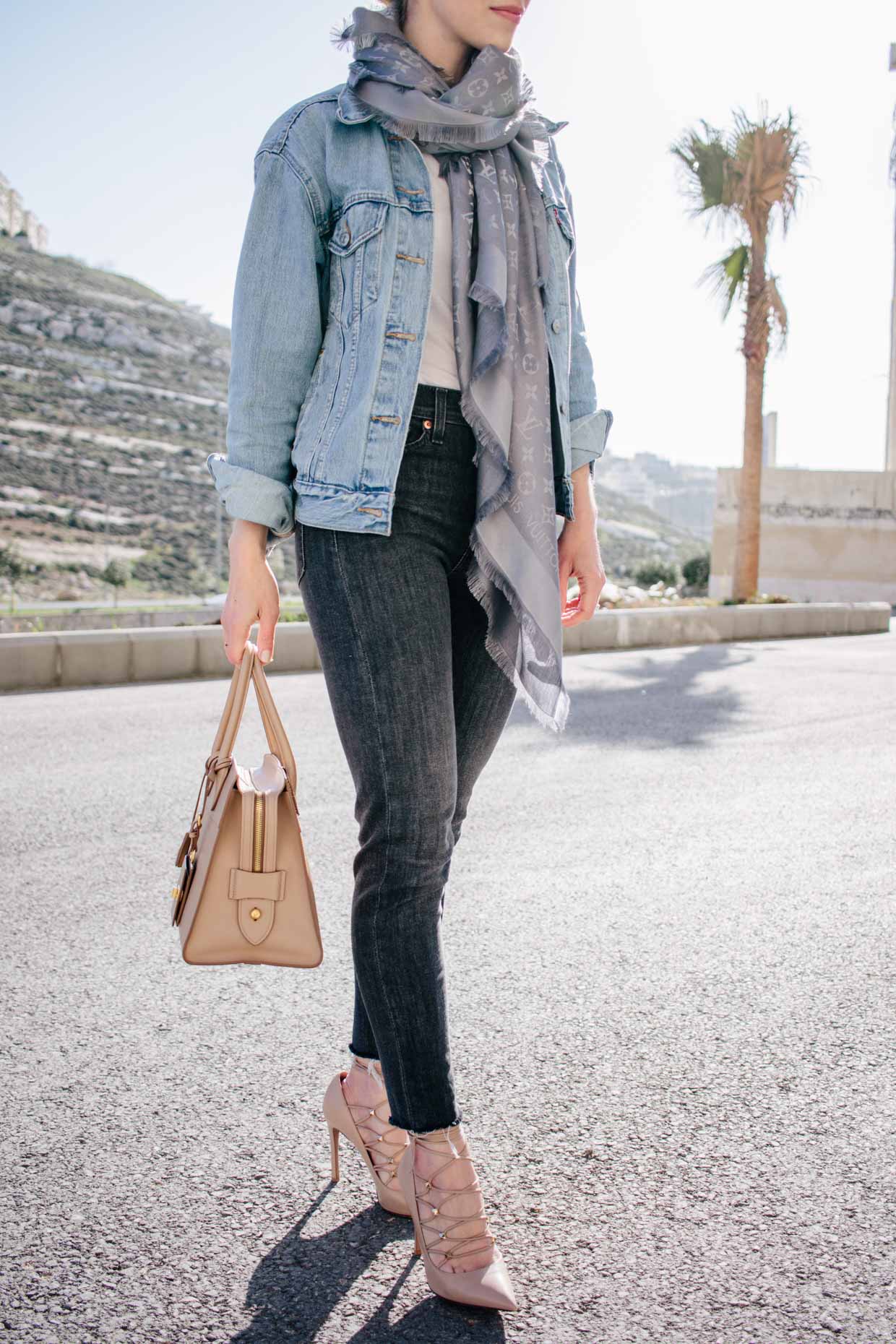 scarf, tumblr, knitted scarf, top, nude top, jeans, blue jeans, denim,  ripped jeans, lace up heels, high heels, bag, louis vuitton, louis vuitton  bag - Wheretoget