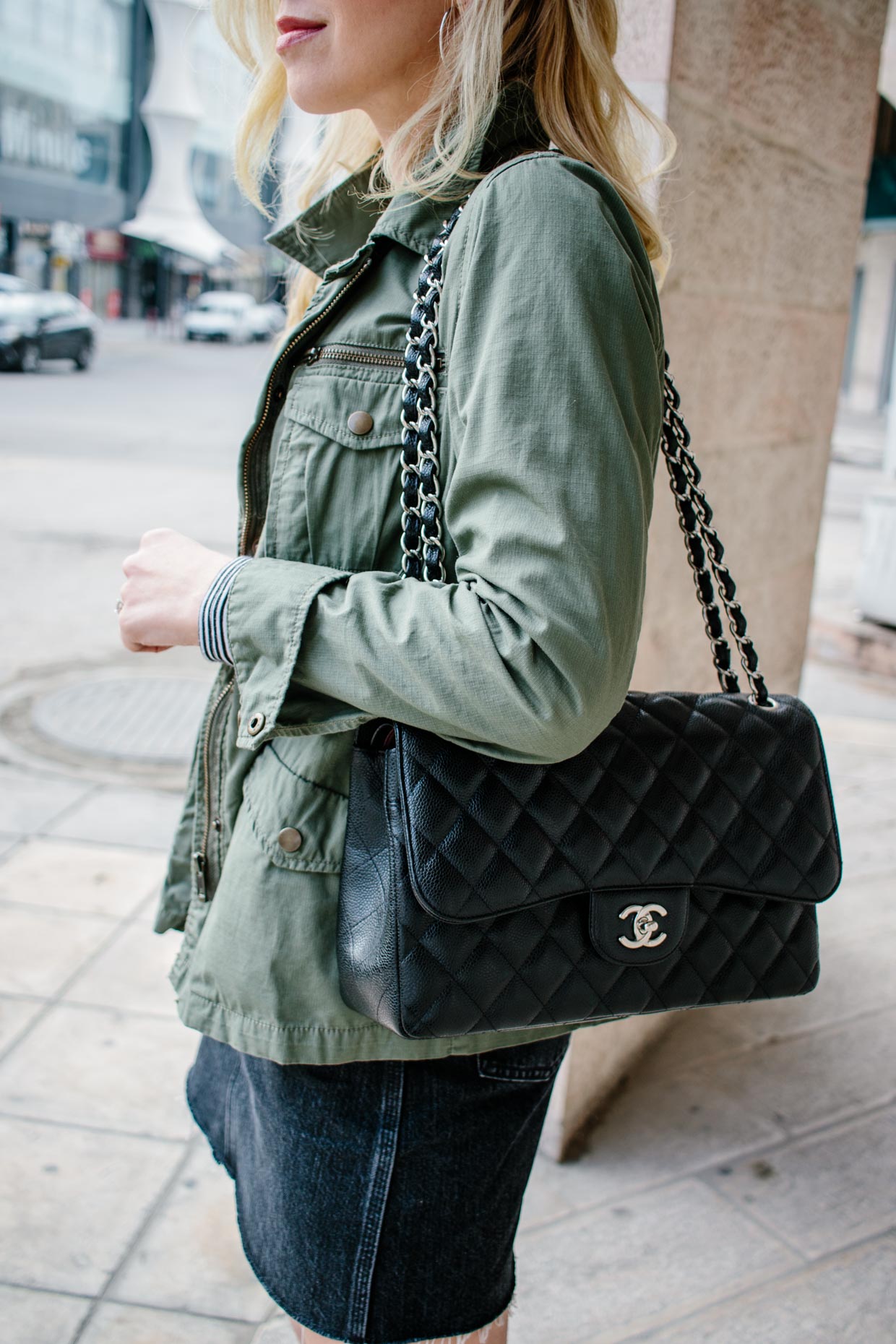 Utility jacket outfit for spring with denim skirt and Chanel Jumbo