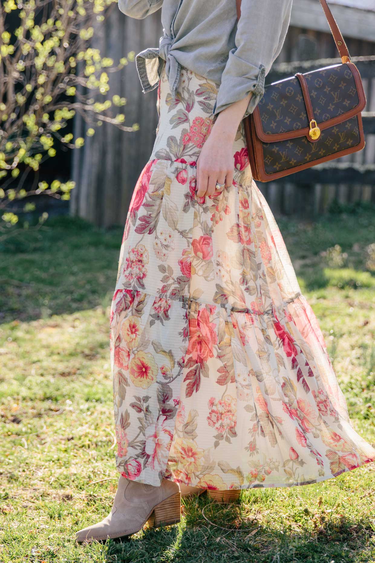 Meagan Brandon fashion blogger of Meagan's Moda styles a snakeskin print  midi skirt for fall with suede sandals and suede Saint Laurent sac de jour  - Meagan's Moda