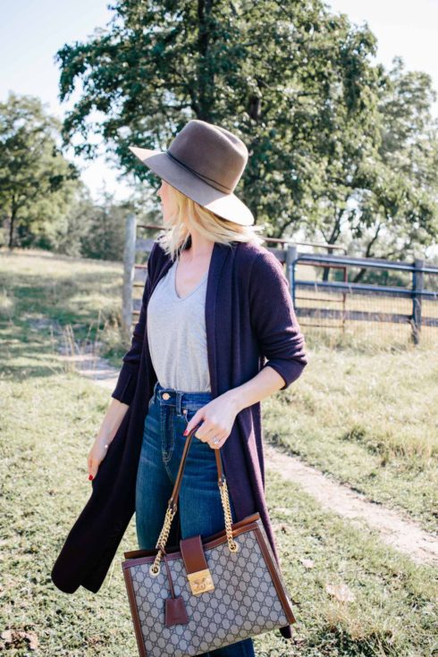 Nordstrom Anniversary Sale Styled Outfit: Long Burgundy Cardigan Worn ...