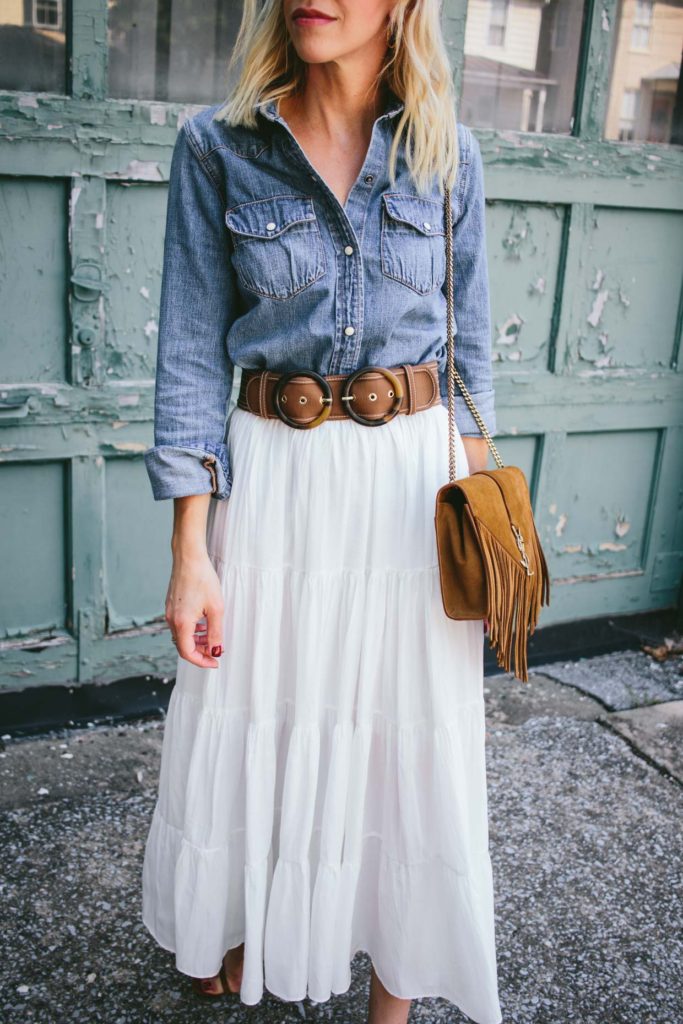 Western Denim Shirt & White Peasant Skirt Meagan's Moda