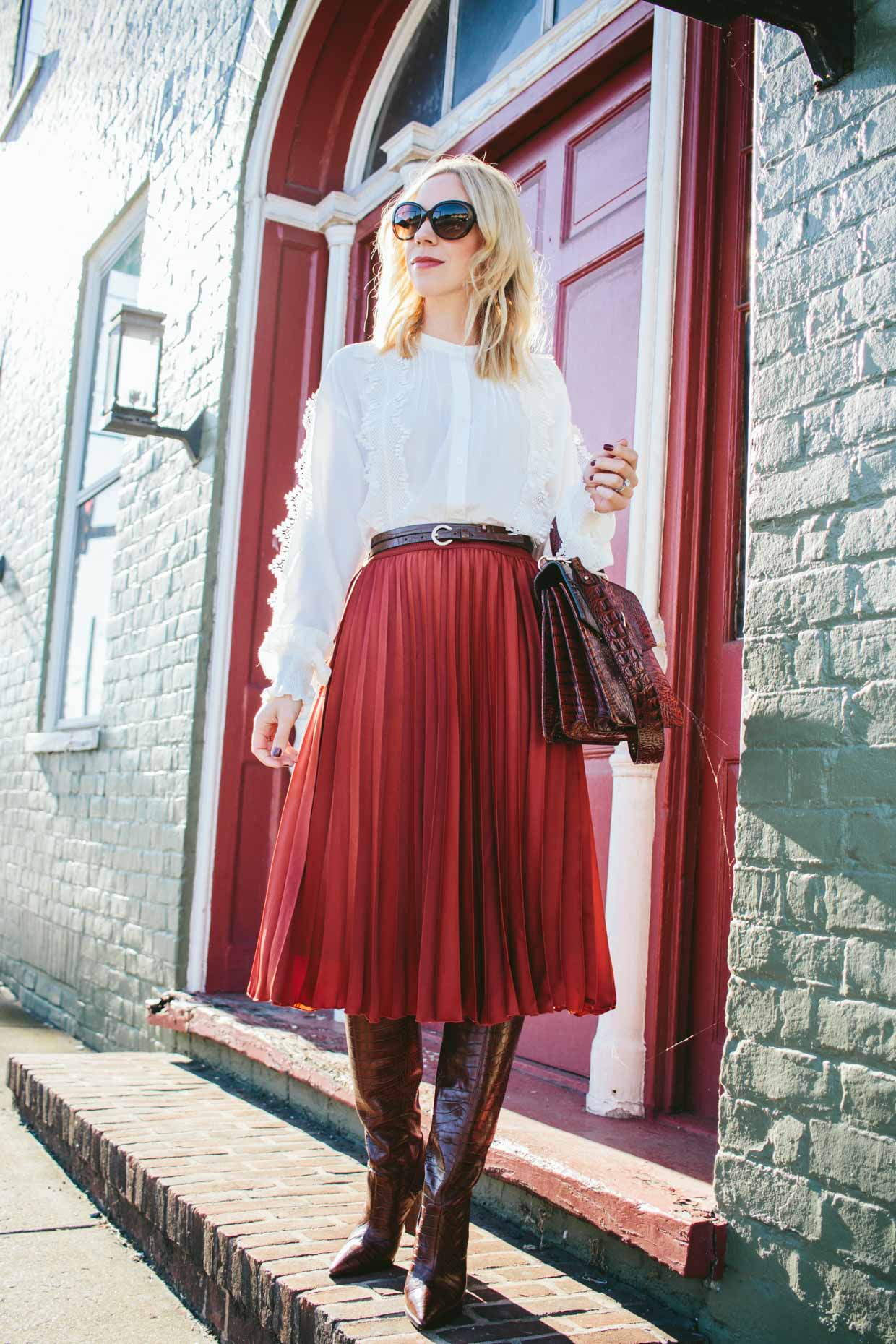 Meagan Brandon fashion blogger of Meagan's Moda wears lace midi