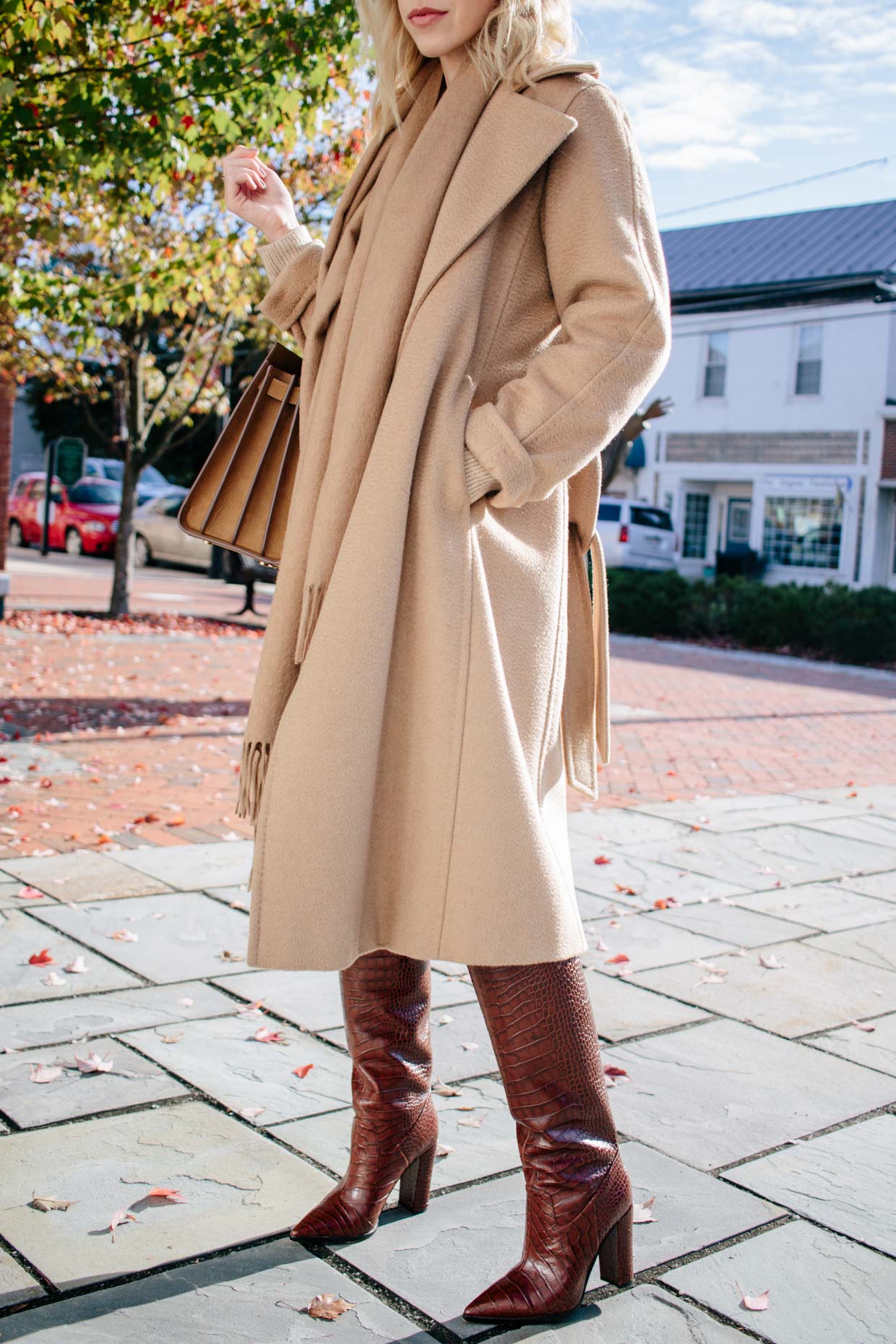 Max Mara Manuela camel coat outfit with Gucci Marmont logo belt, black  straight leg jeans and pointy toe leather sock boots - Meagan's Moda
