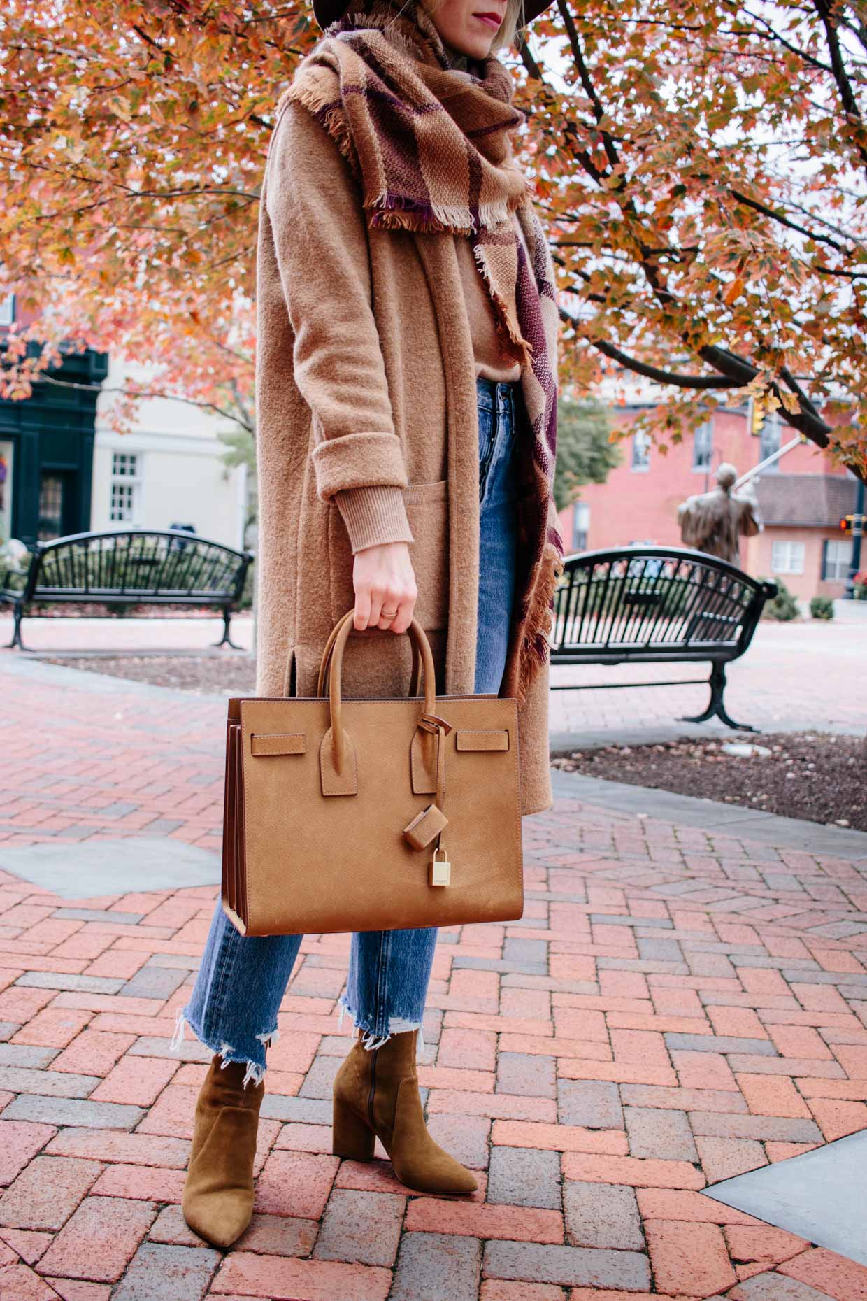 Meagan Brandon fashion blogger of Meagan's Moda wears Madewell camel  sweater coat over denim shirt and Louis Vuitton brown monogram scarf for  layered fall look - Meagan's Moda