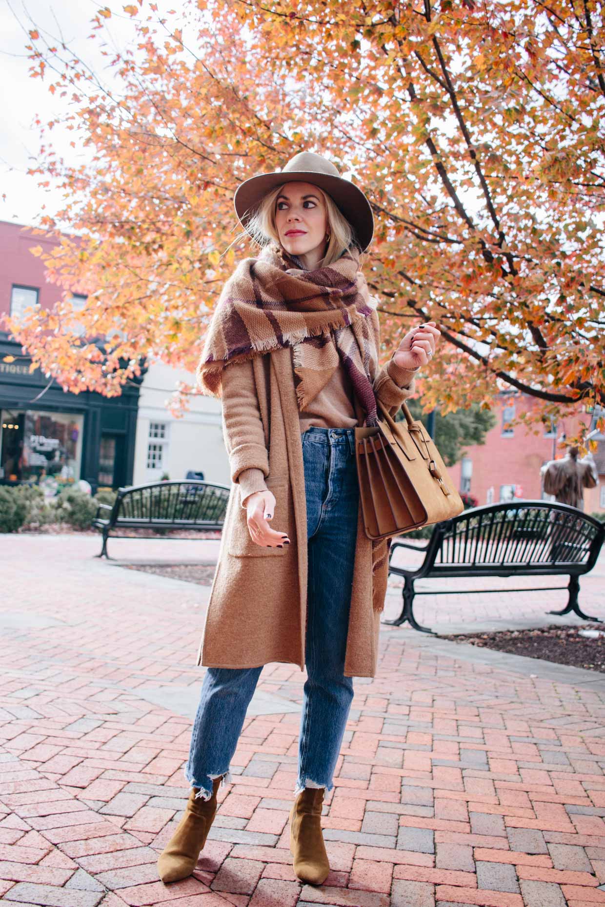 fashion-blogger-wearing-camel-coat-and-brown-louis-vuitton-shine-shawl- monogram-scarf - Meagan's Moda