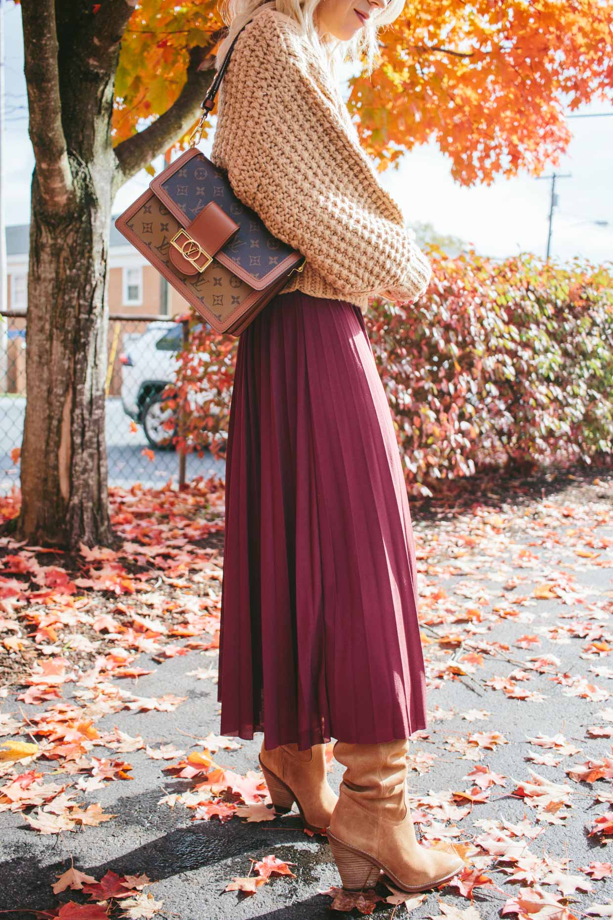 Meagan Brandon fashion blogger of Meagan's Moda wears monochromatic camel  outfit with knit dress, croc leather boots and Louis Vuitton Dauphine MM  bag - Meagan's Moda