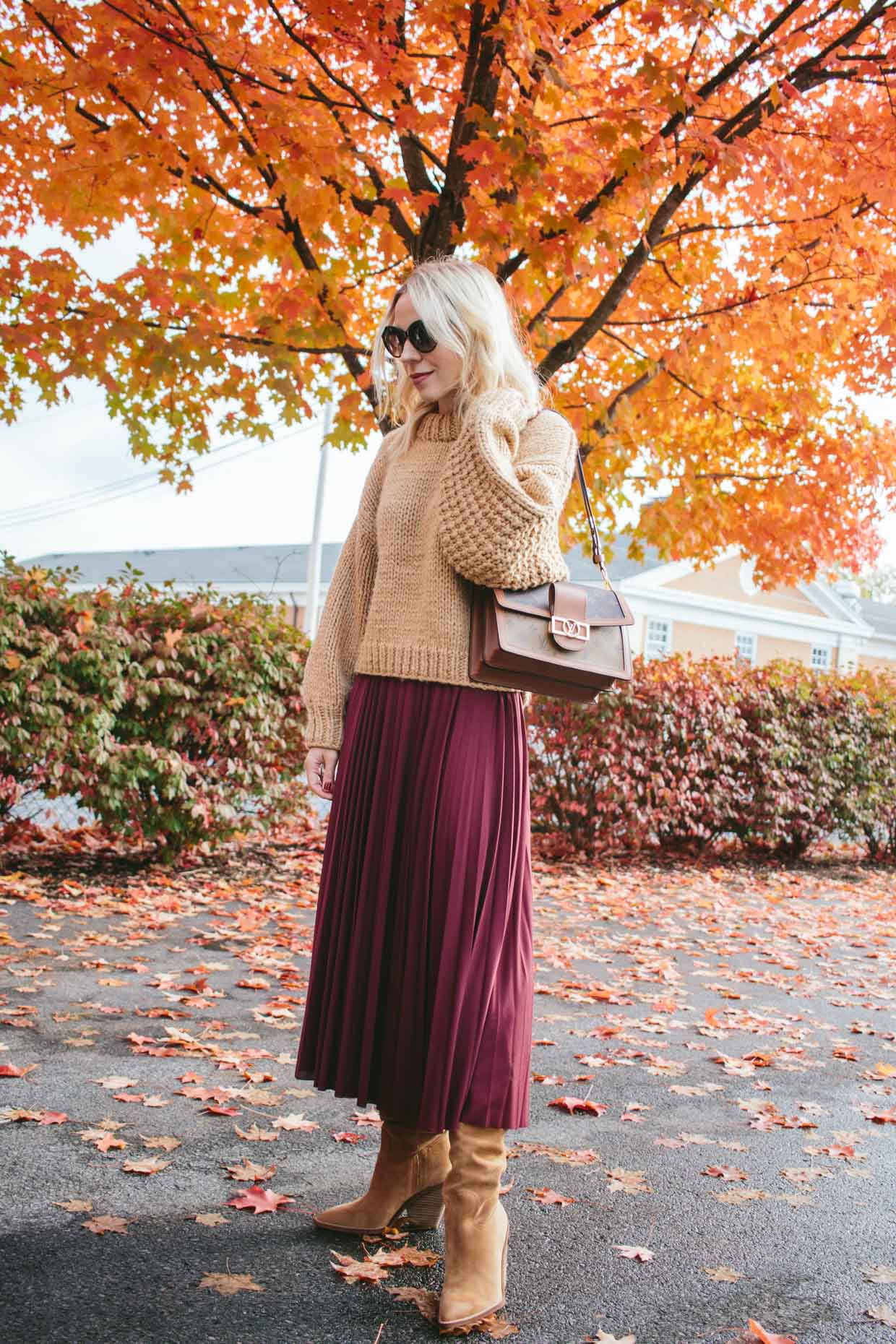 Meagan Brandon fashion blogger of Meagan's Moda styles a snakeskin print  midi skirt for fall with suede sandals and suede Saint Laurent sac de jour  - Meagan's Moda