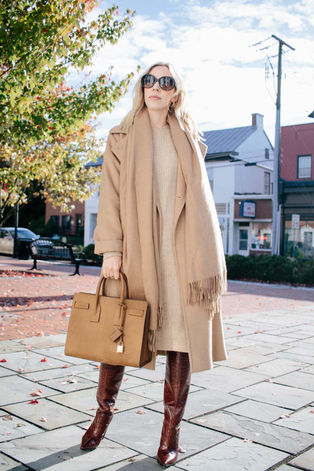 max-mara-camel-coat-louis-vuitton -brown-and-gold-shine-shawl-scarf-outfit-with-louis-vuitton-monogram-scarf  - Meagan's Moda