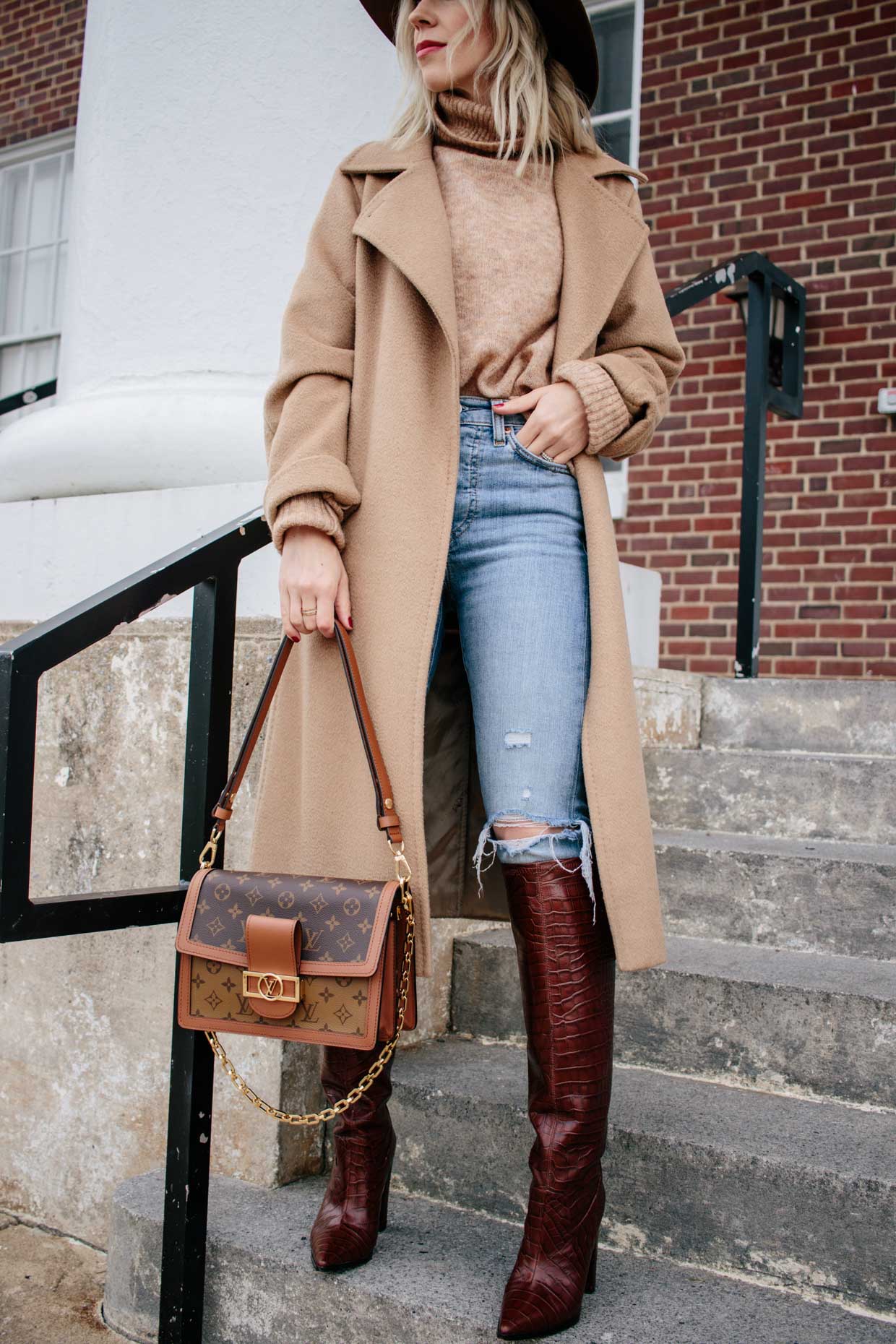 Meagan Brandon fashion blogger of Meagan's Moda wears monochromatic camel  outfit with knit dress, croc leather boots and Louis Vuitton Dauphine MM  bag - Meagan's Moda