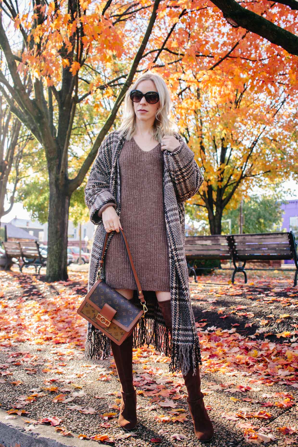 Meagan Brandon fashion blogger of Meagan's Moda wears brown sweater dress with Mango plaid fringe coat and brown suede over the knee boots Meagan's Moda Meagan Brandon fashion blogger of Meagan's Moda wears brown sweater dress with Mango plaid fringe coat and brown suede over the knee boots Meagan's Moda