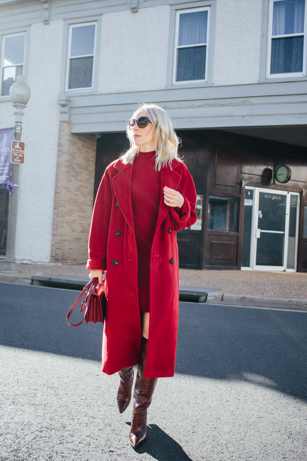 Meagan Brandon fashion blogger of Meagan's Moda wears all red monochrome outfit with Max Mara 101801 coat