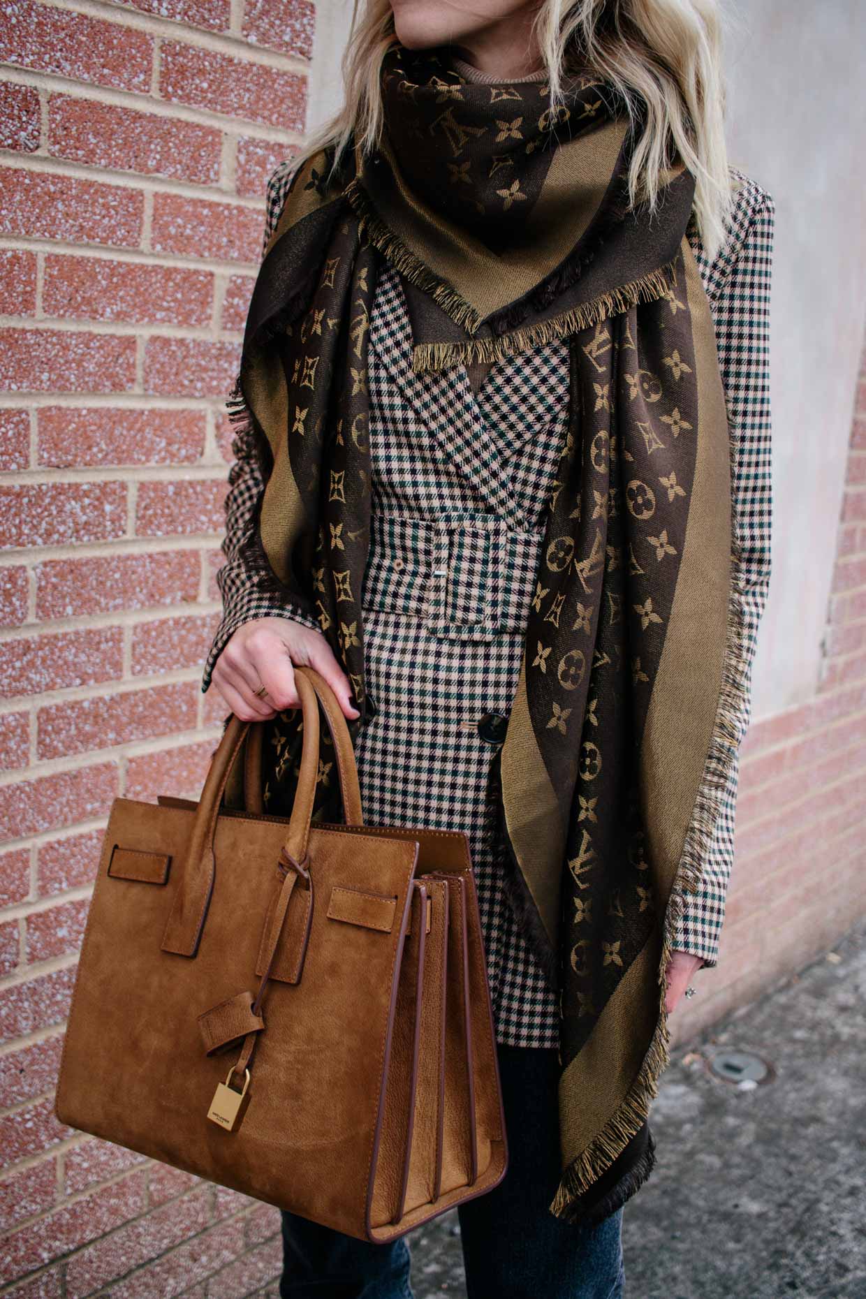 Meagan Brandon fashion blogger of Meagan's Moda wears Louis Vuitton brown  shine shawl monogram scarf with H&M belted plaid blazer and Saint Laurent  suede sac de jour - Meagan's Moda