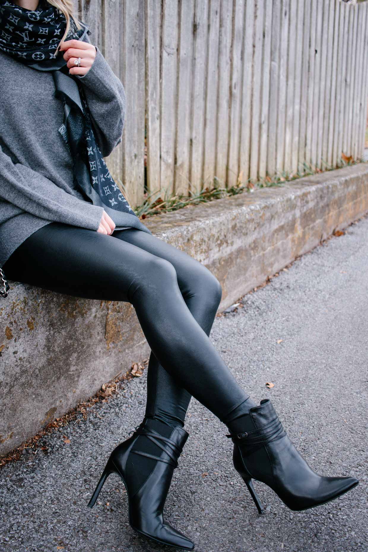 Meagan Brandon fashion blogger of Meagan's Moda reviews Spanx vs Commando faux leather leggings