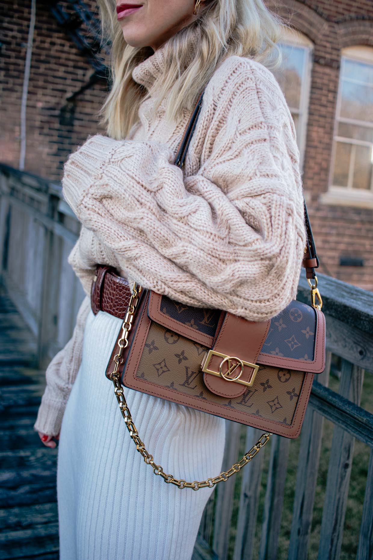 Meagan Brandon fashion blogger of Meagan's Moda styles Louis Vuitton  Dauphine MM bag with chunky knit sweater for fall - Meagan's Moda